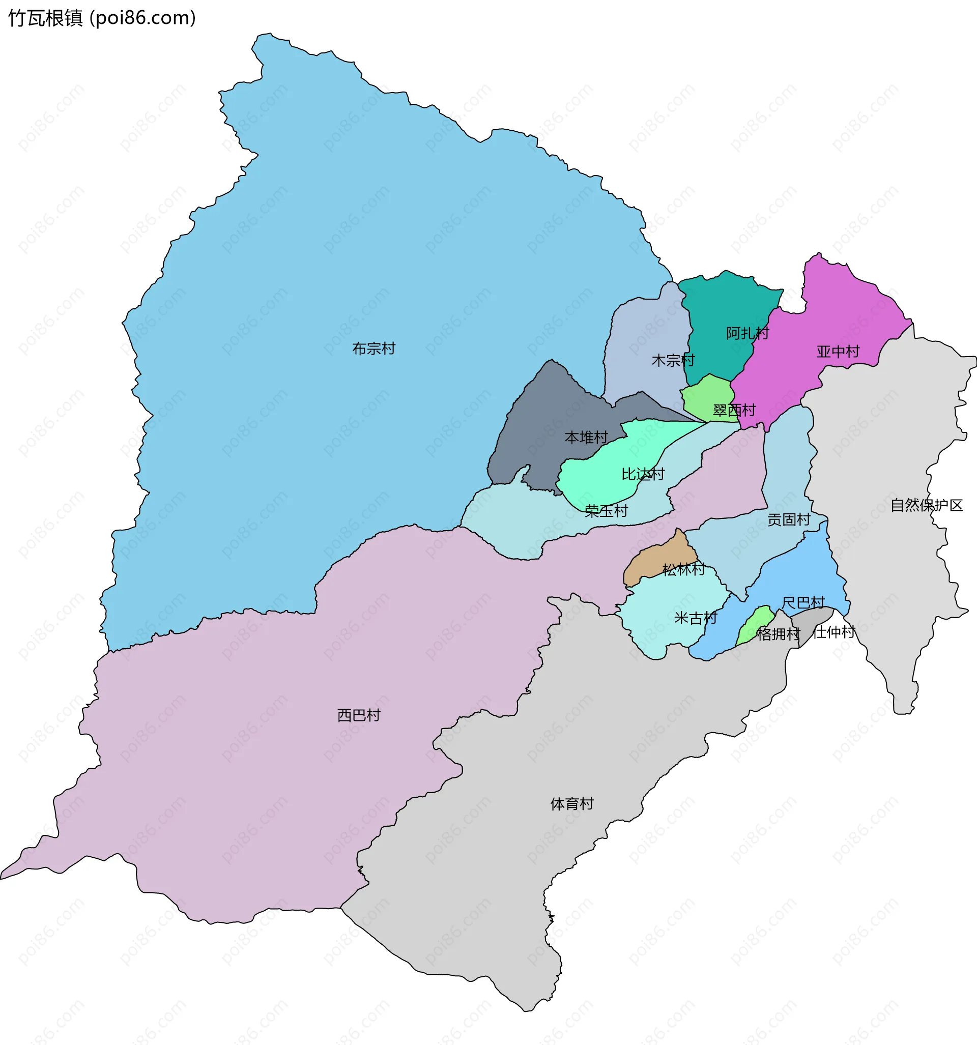 竹瓦根镇边界地图(五级行政区划)
