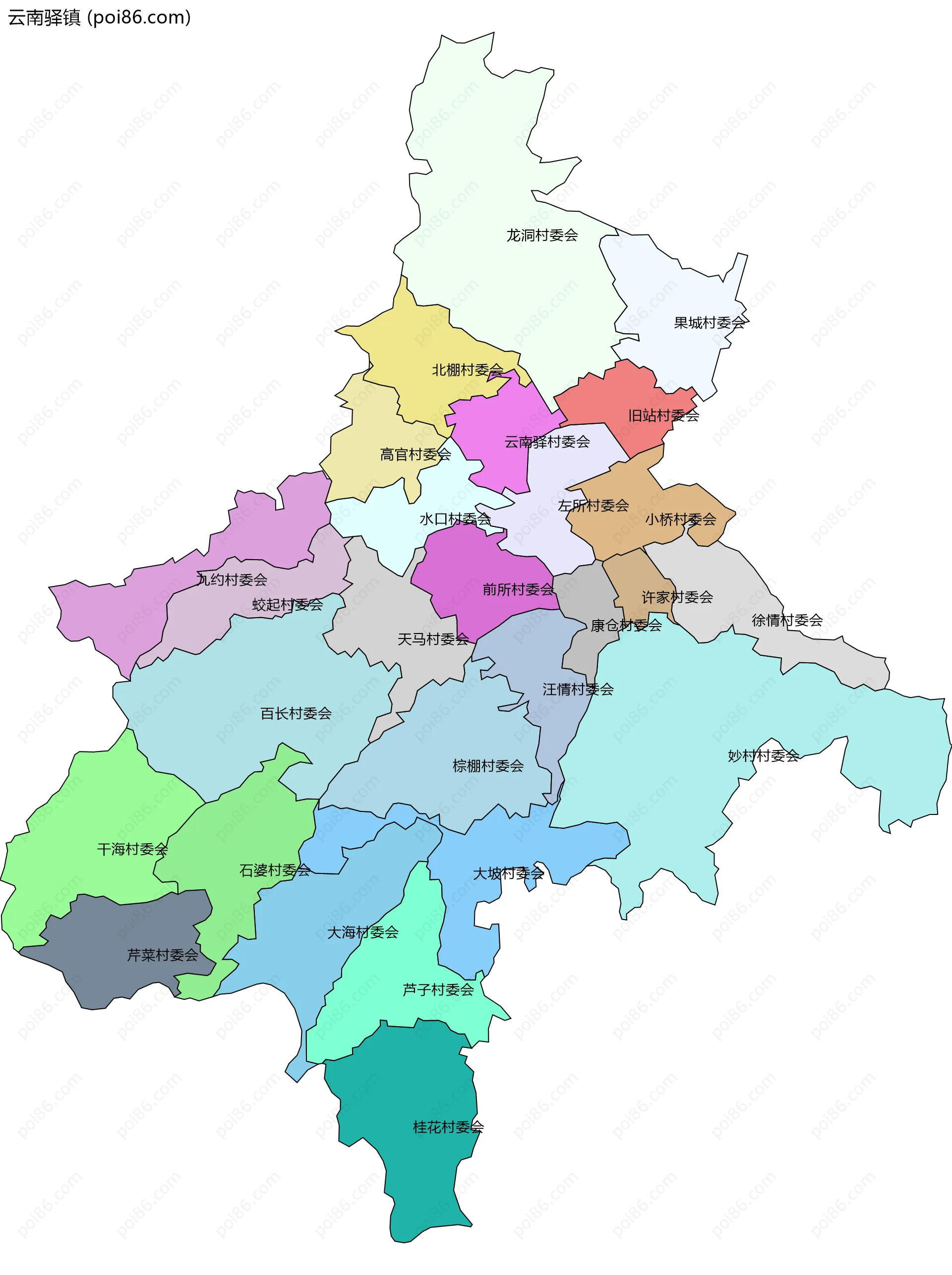云南驿镇边界地图(五级行政区划)