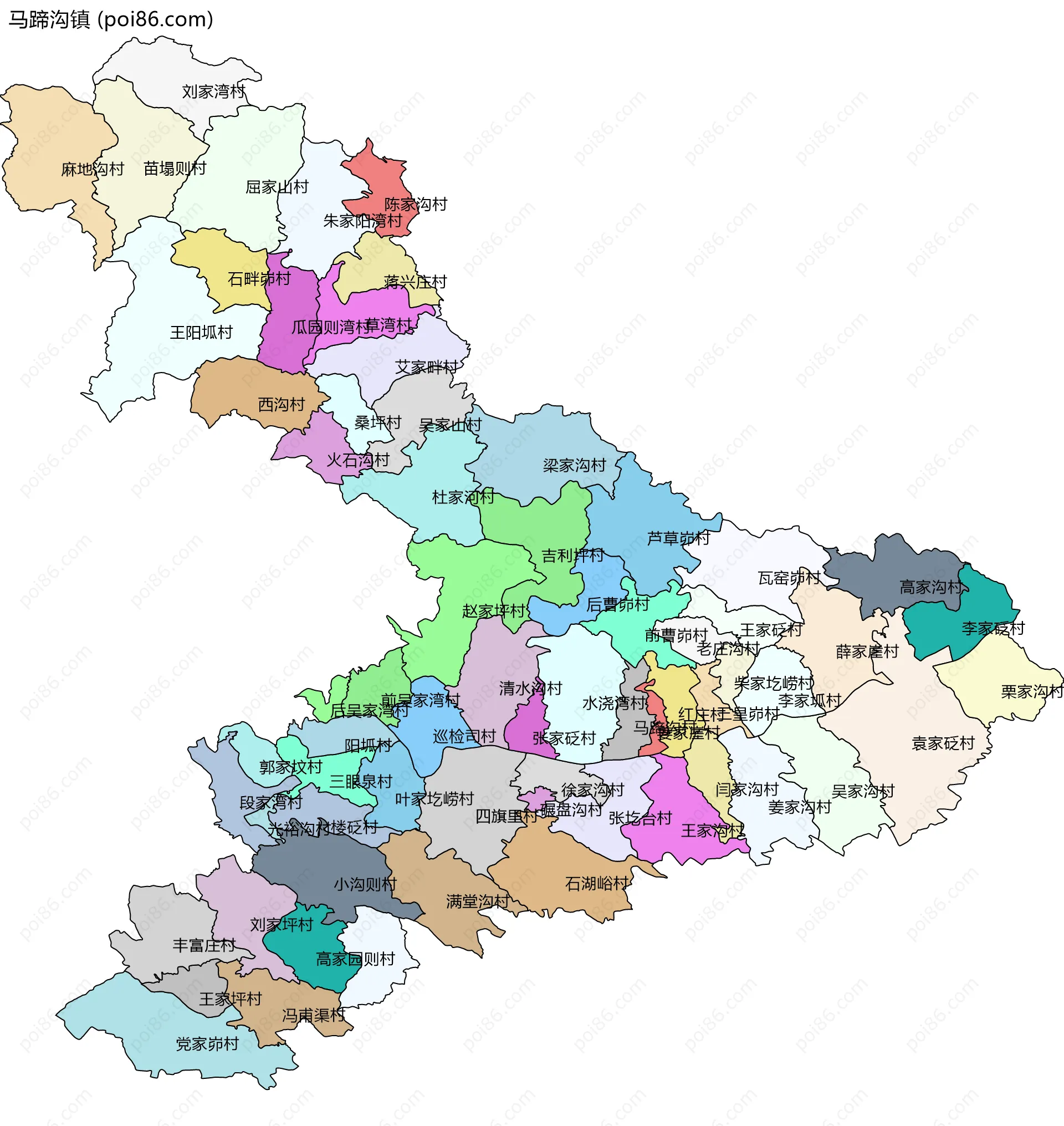 马蹄沟镇边界地图(五级行政区划)