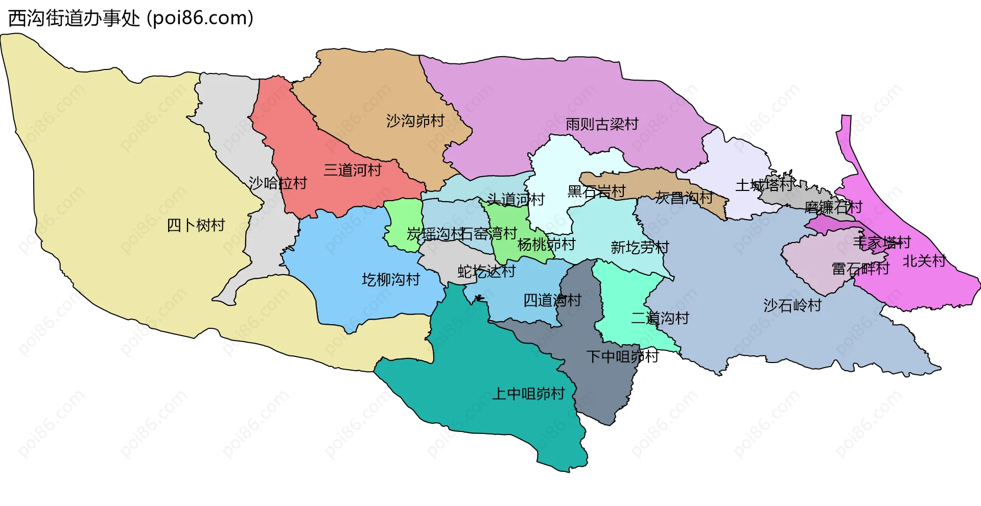 西沟街道办事处边界地图(五级行政区划)