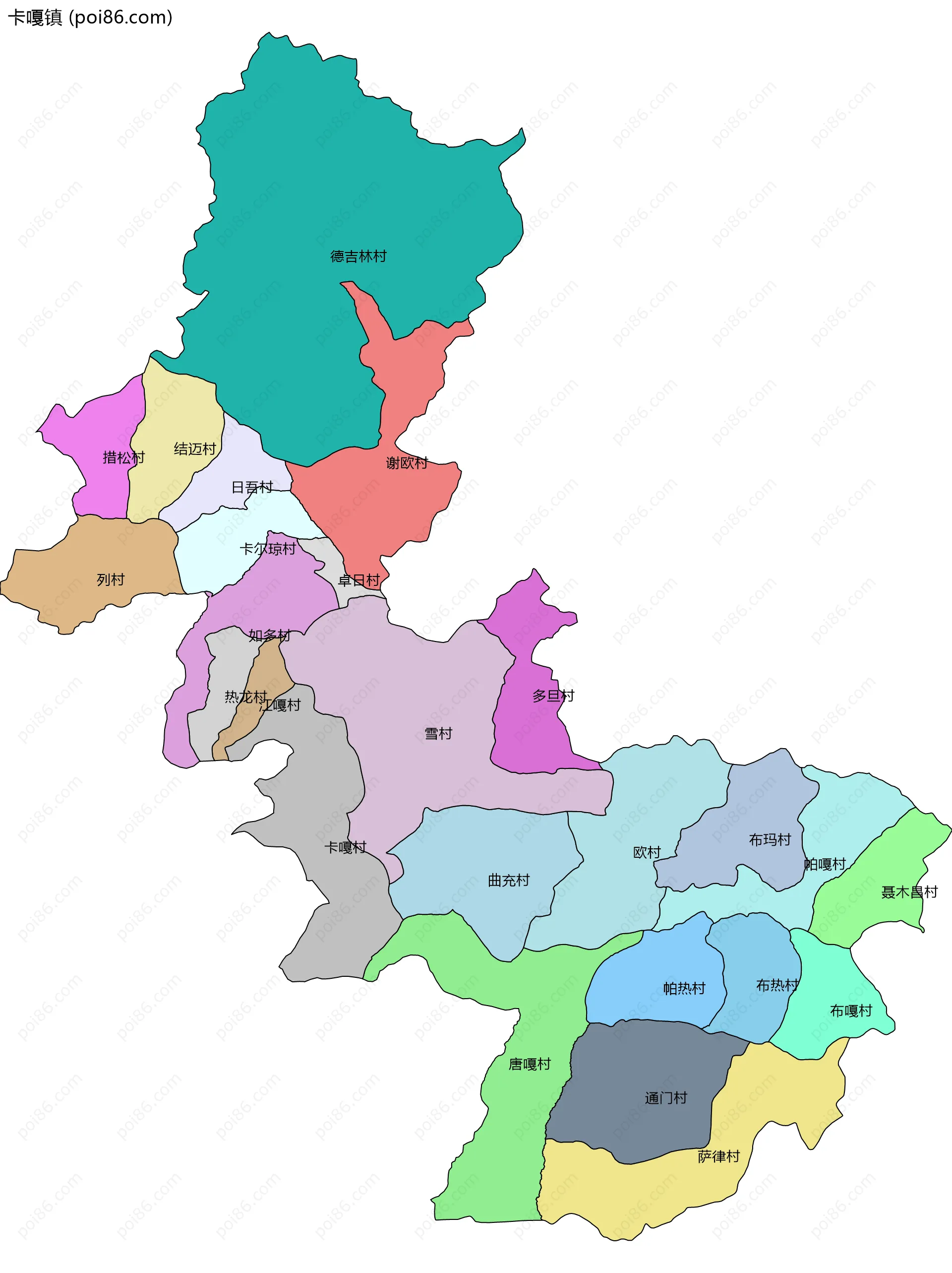 卡嘎镇边界地图(五级行政区划)