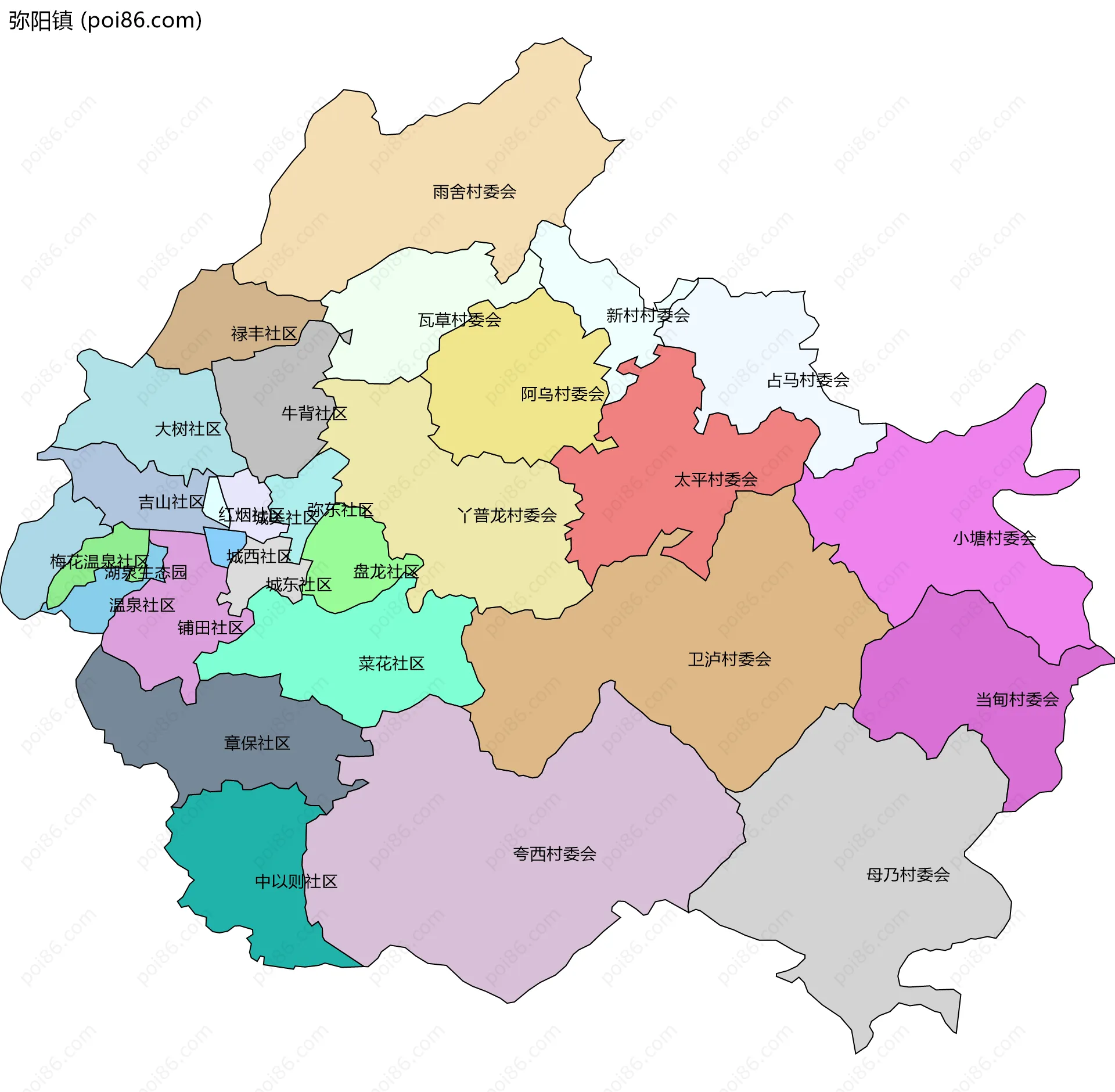 弥阳镇边界地图(五级行政区划)