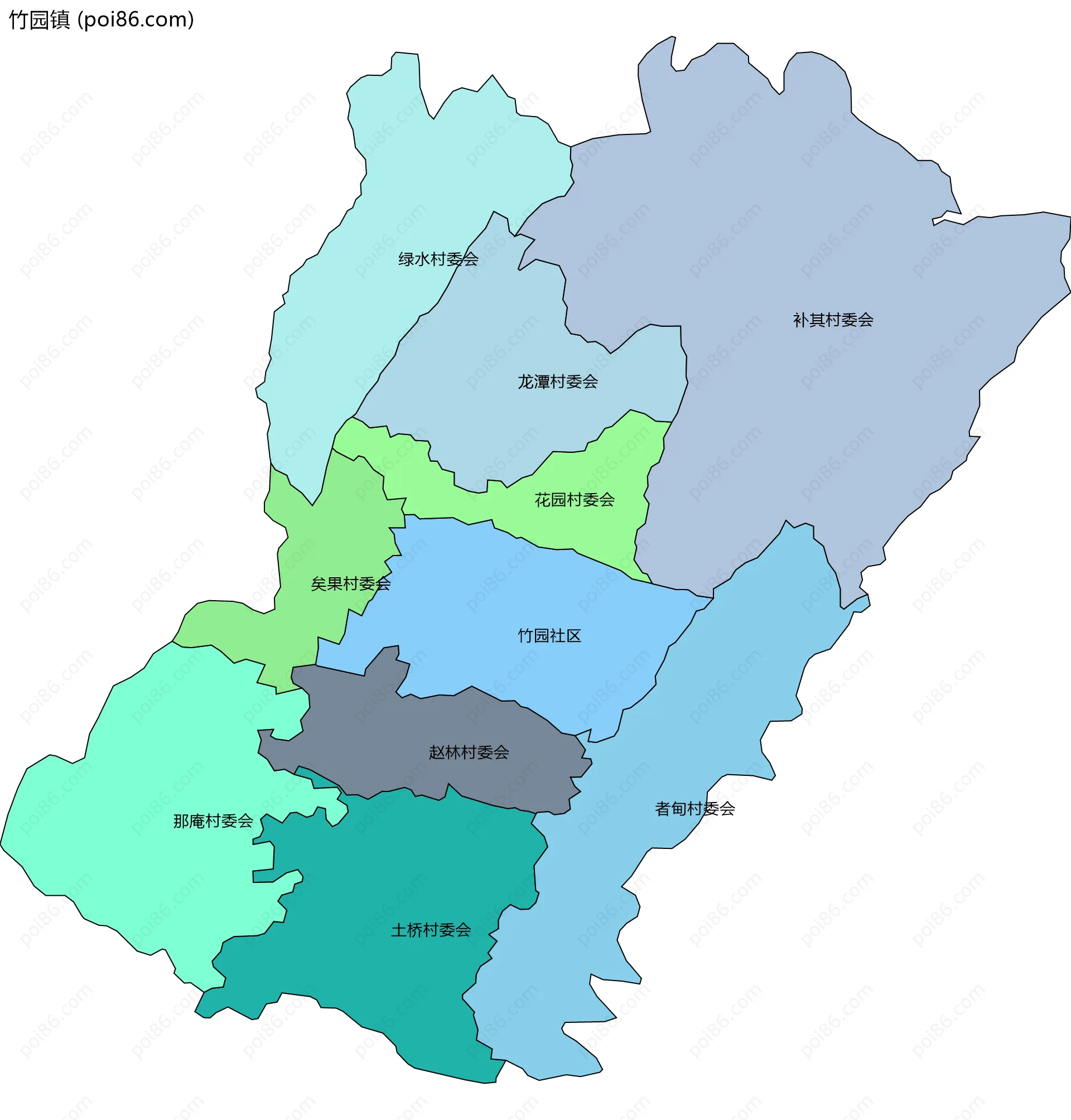 竹园镇边界地图(五级行政区划)