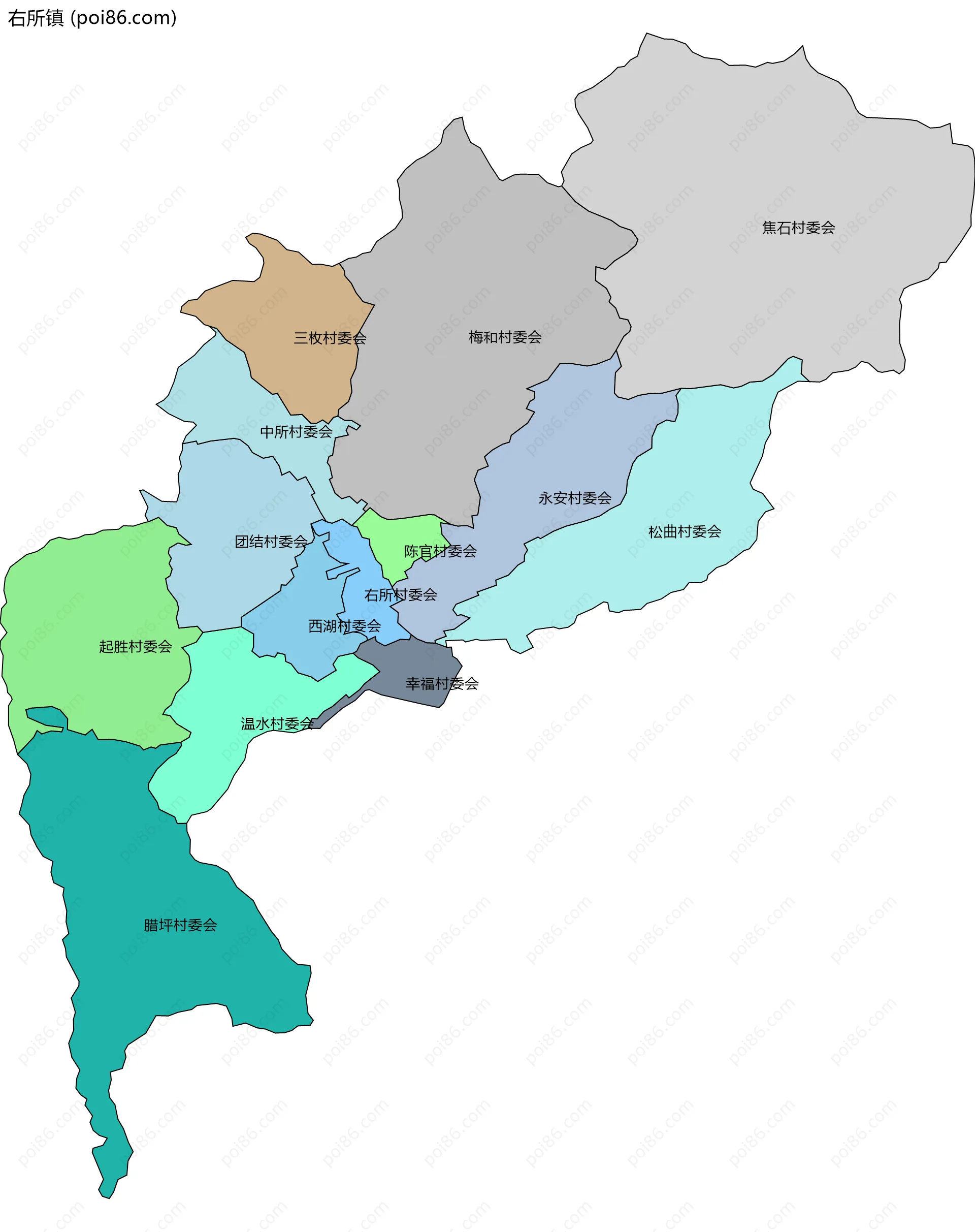 右所镇边界地图(五级行政区划)