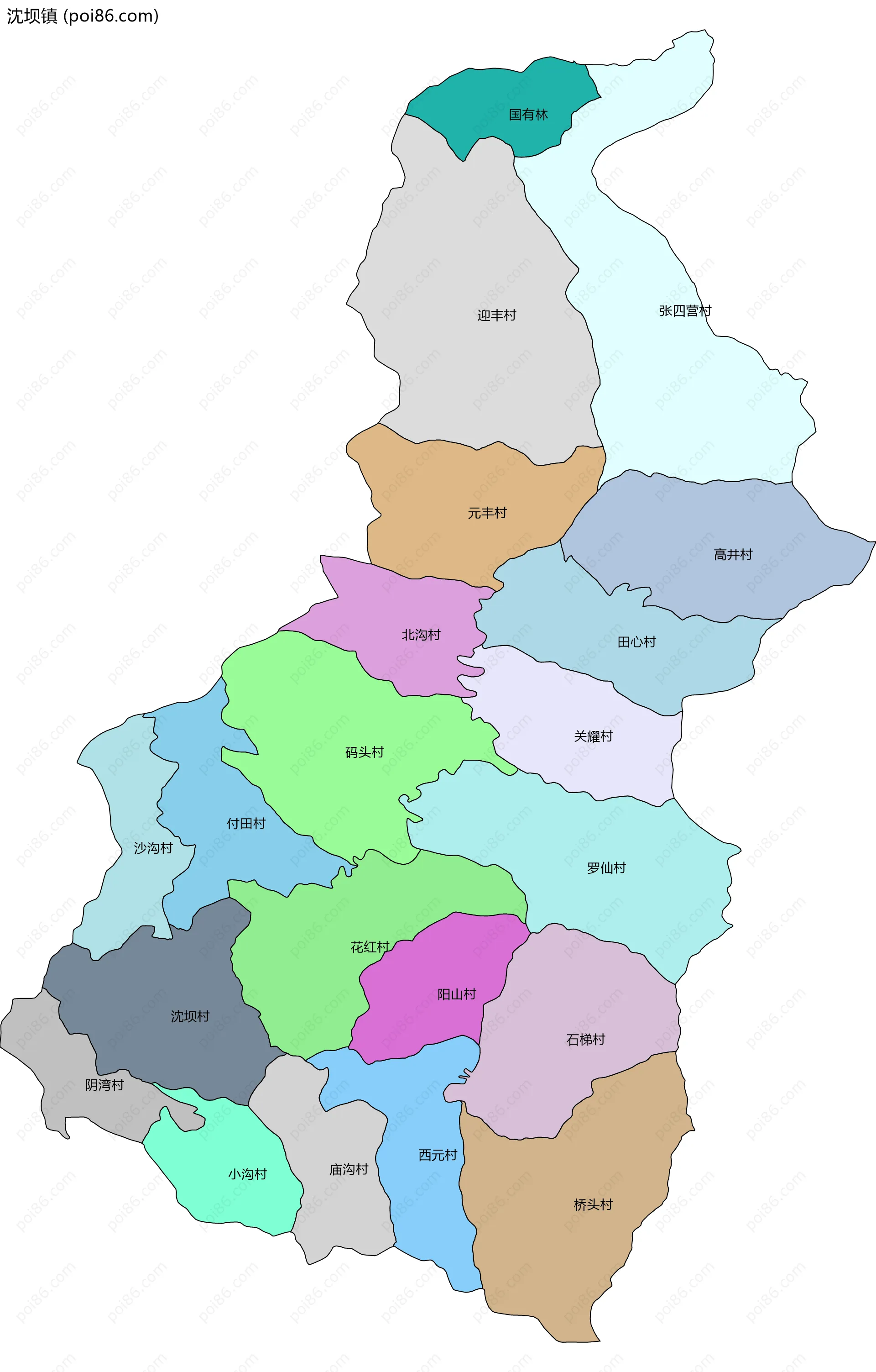 沈坝镇边界地图(五级行政区划)