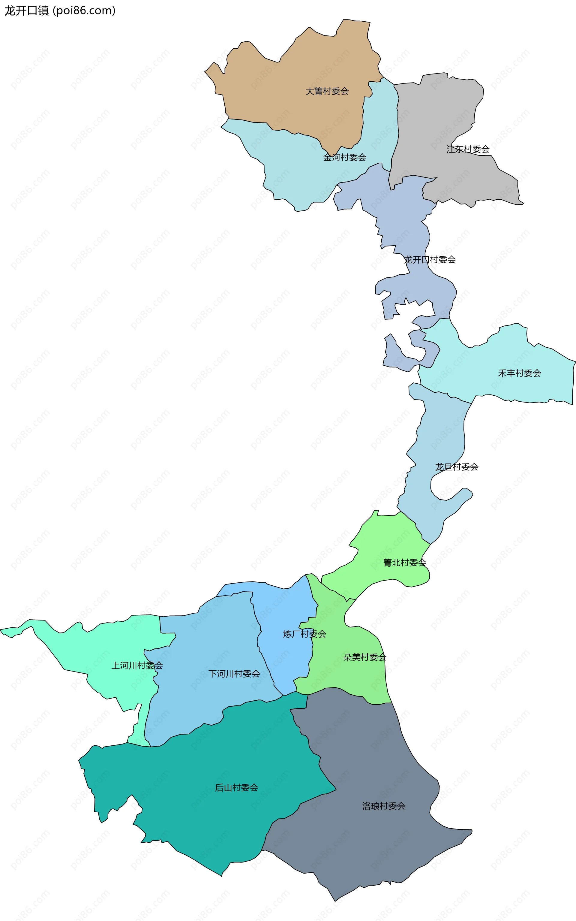 龙开口镇边界地图(五级行政区划)