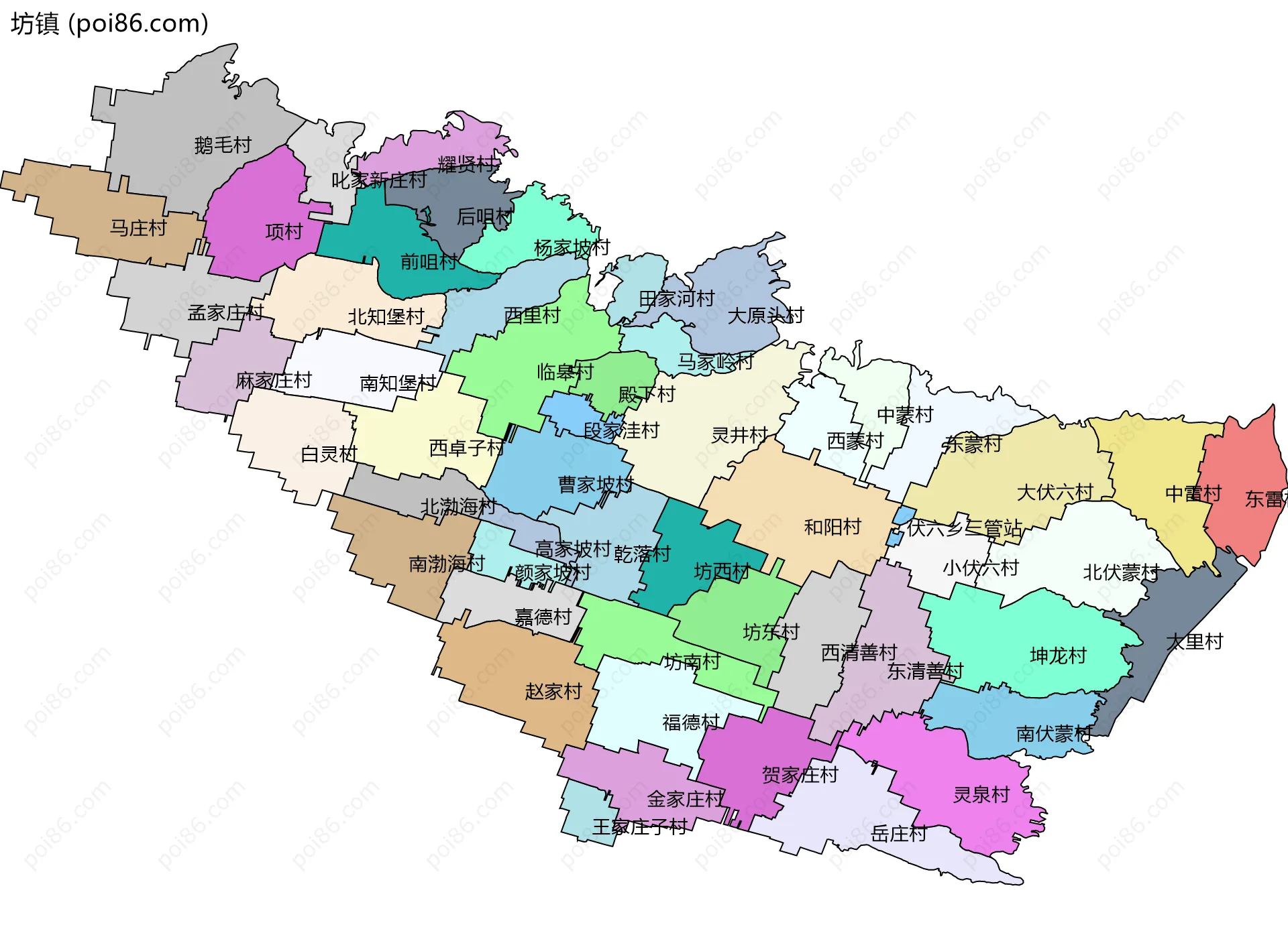 坊镇边界地图(五级行政区划)