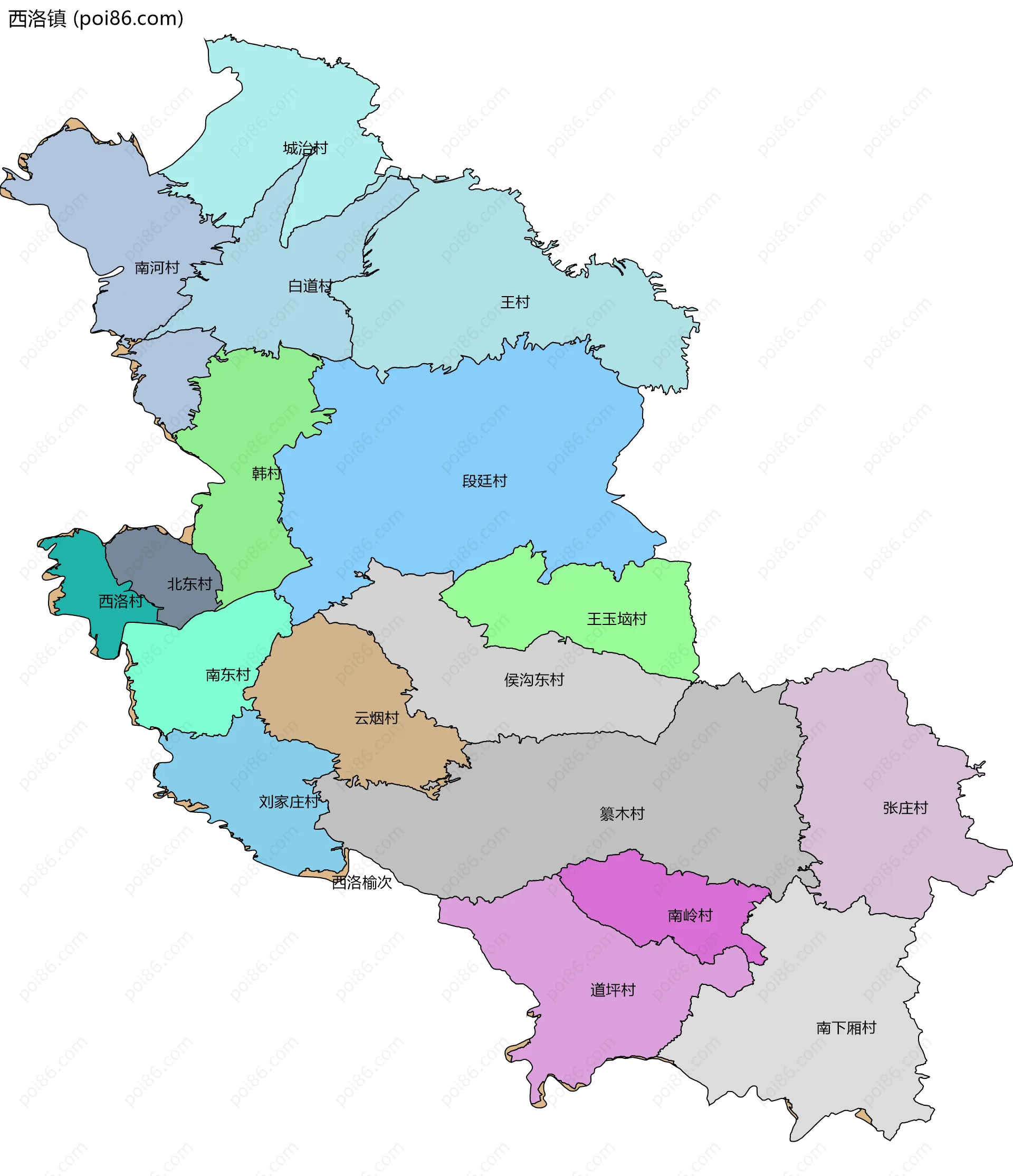 西洛镇边界地图(五级行政区划)