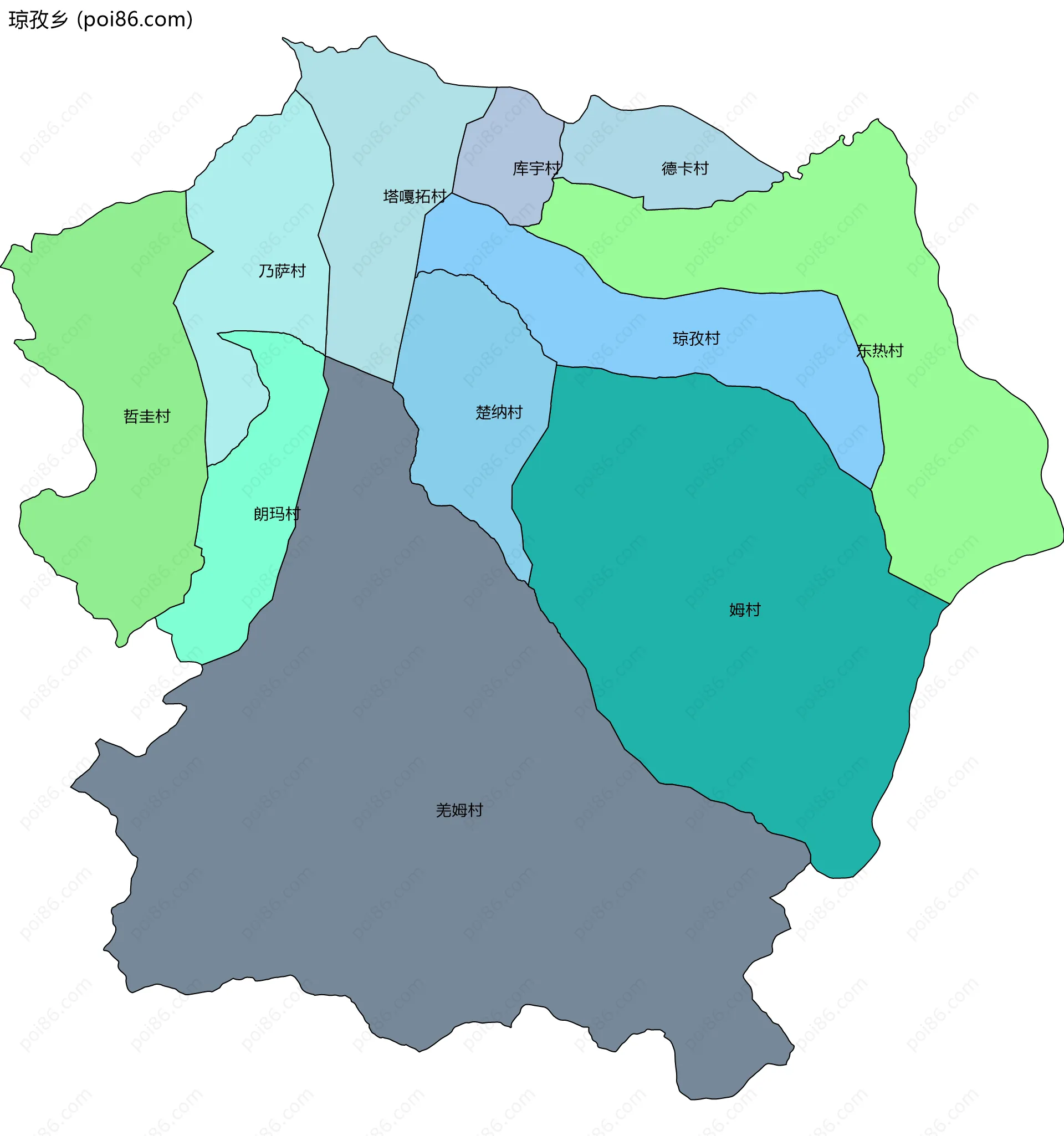 琼孜乡边界地图(五级行政区划)