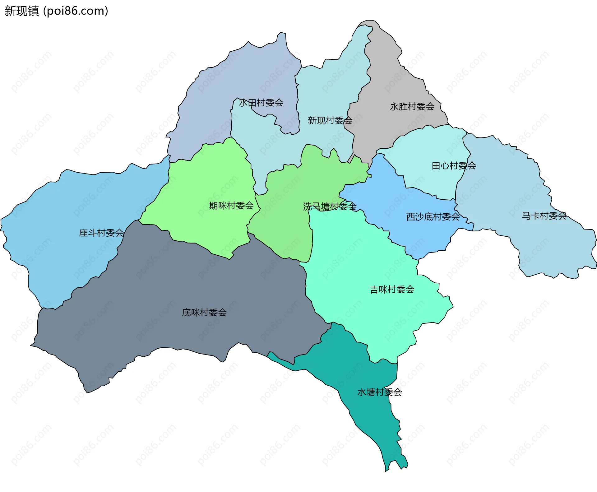 新现镇边界地图(五级行政区划)