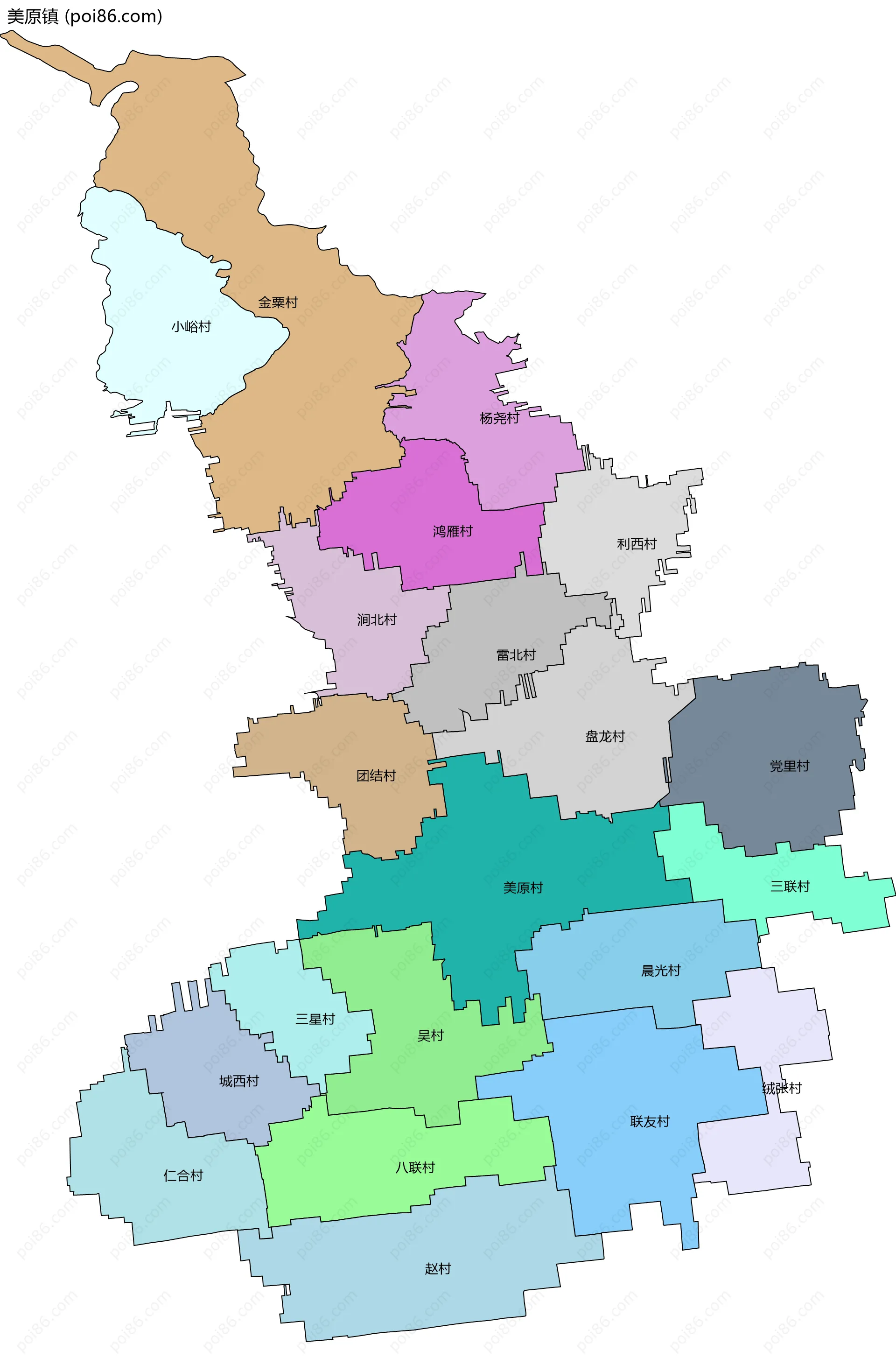 美原镇边界地图(五级行政区划)