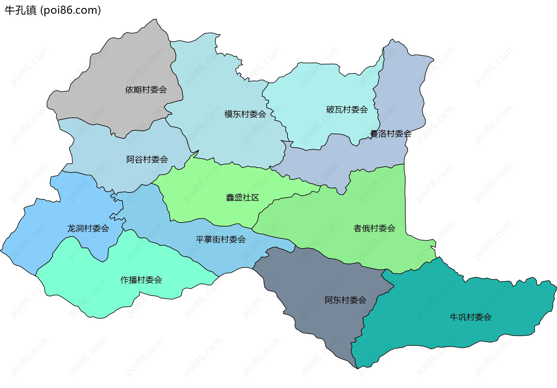 牛孔镇边界地图(五级行政区划)