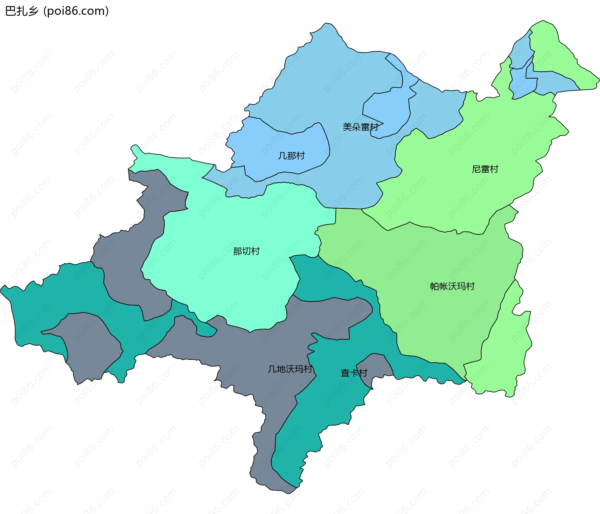 巴扎乡边界地图(五级行政区划)