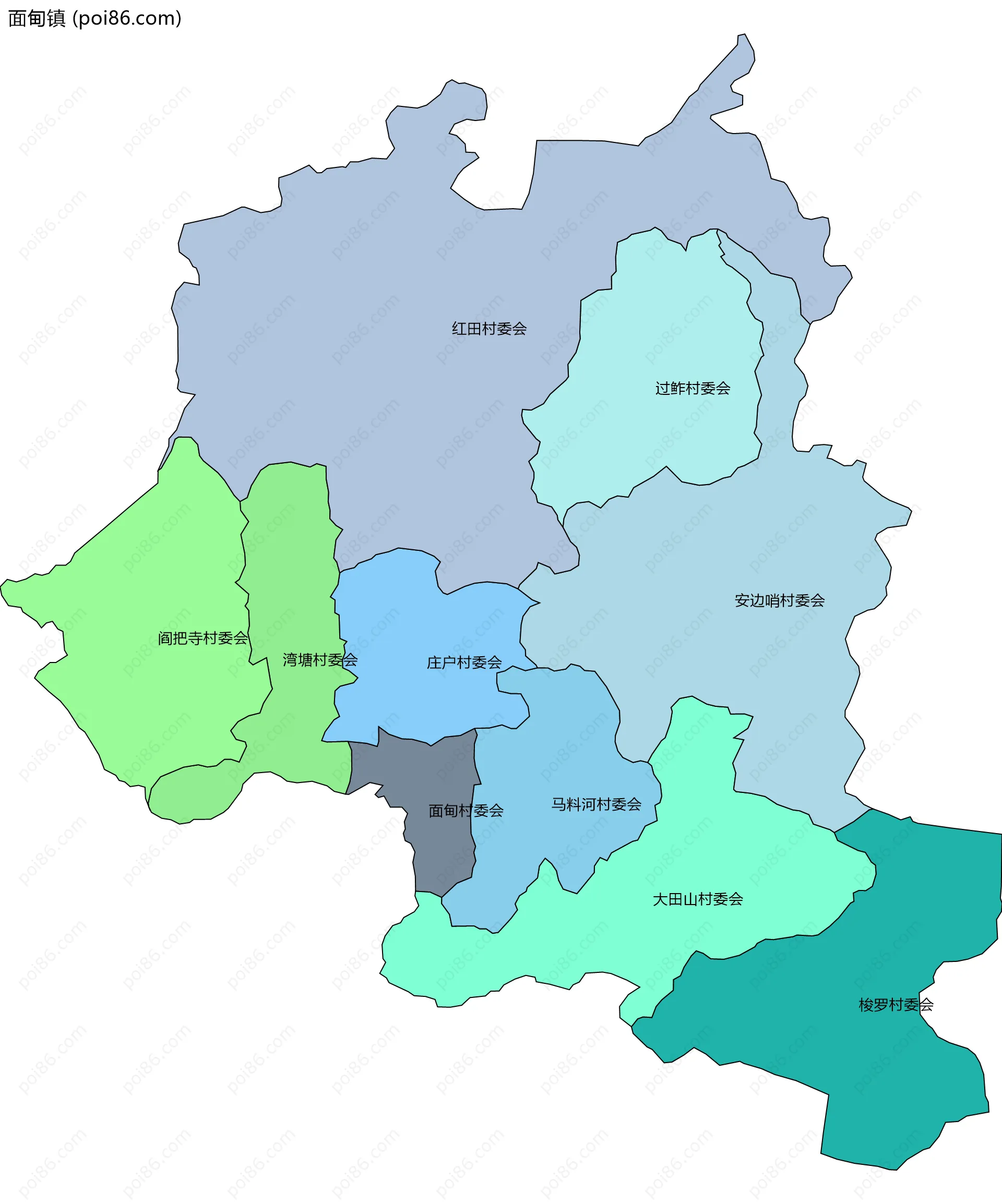 面甸镇边界地图(五级行政区划)