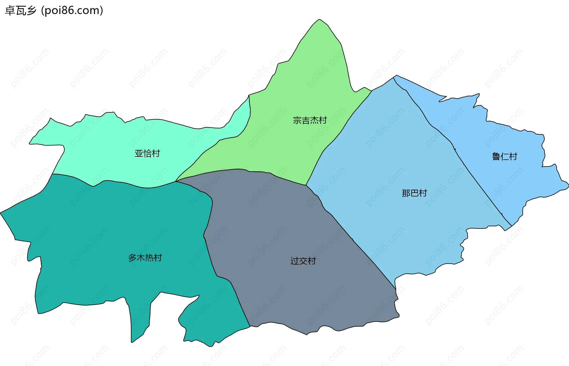 卓瓦乡边界地图(五级行政区划)