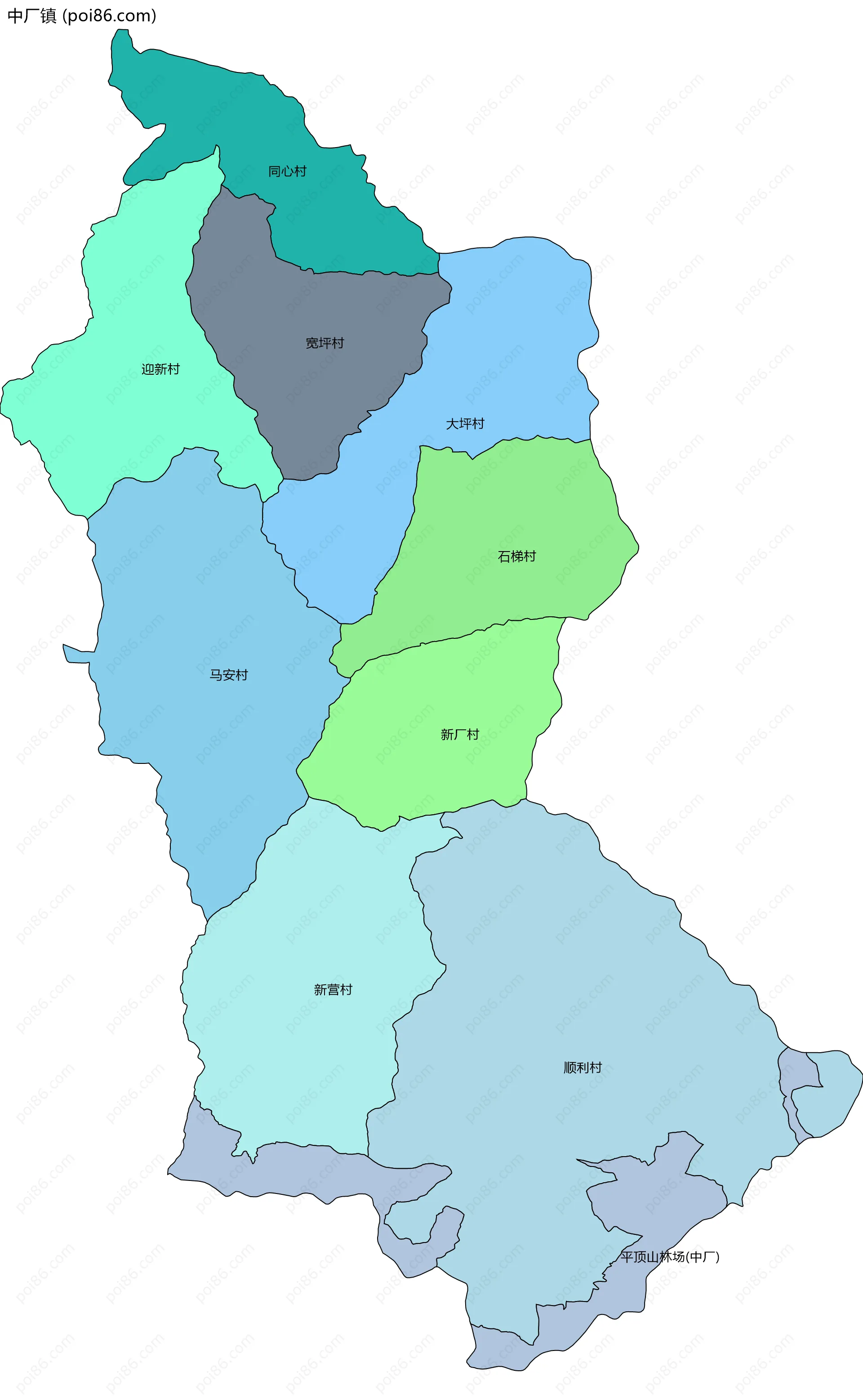 中厂镇边界地图(五级行政区划)