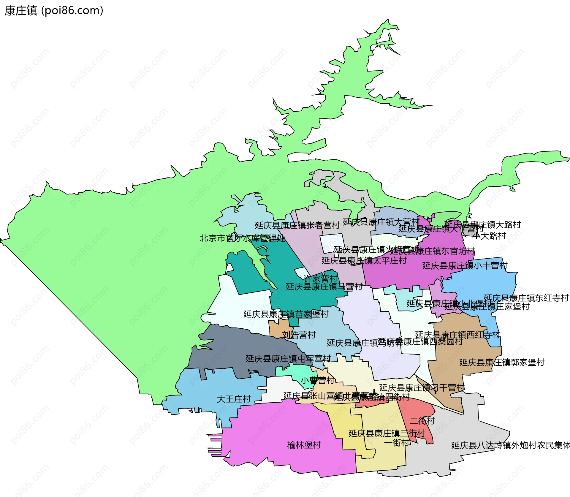康庄镇边界地图(五级行政区划)