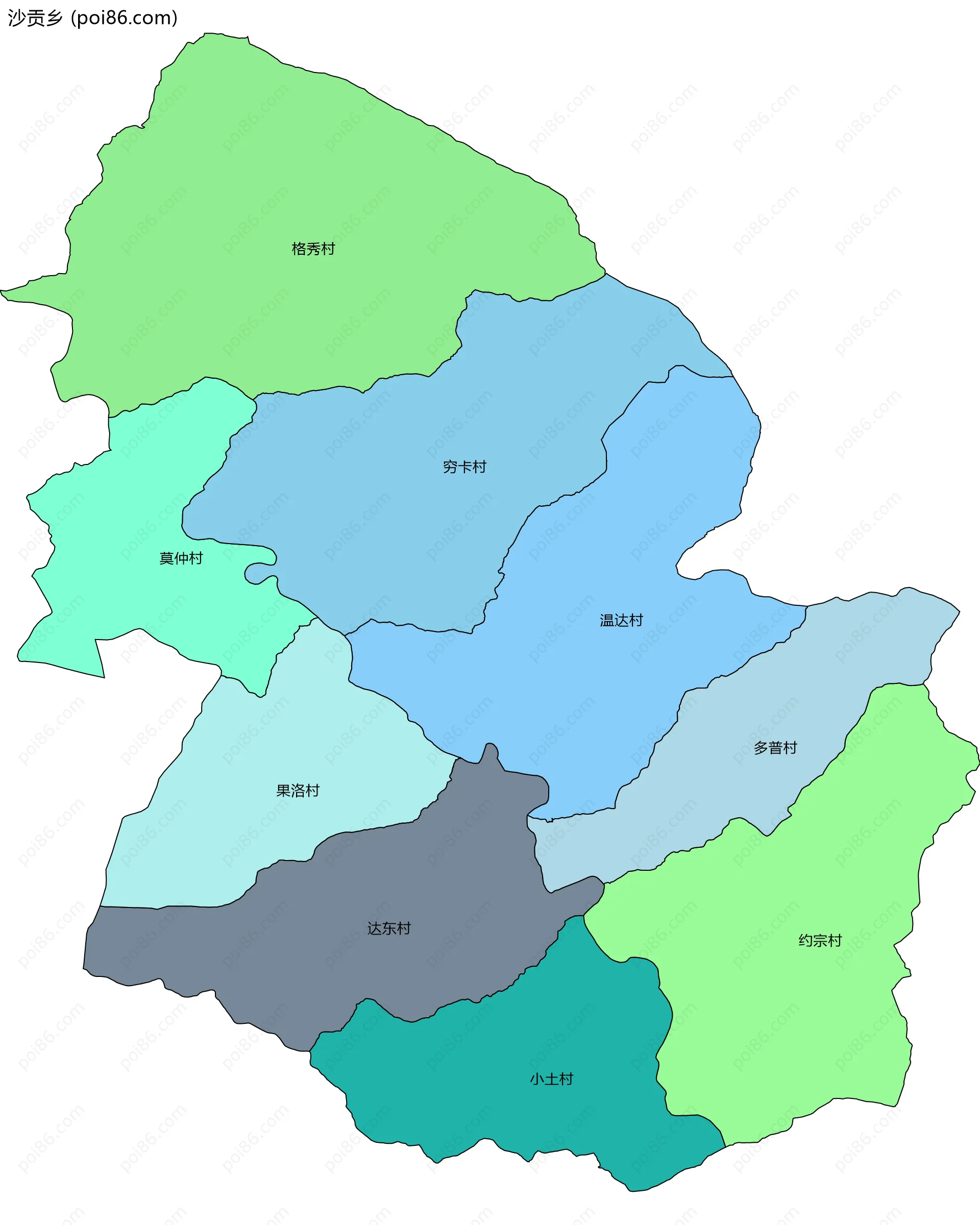 沙贡乡边界地图(五级行政区划)