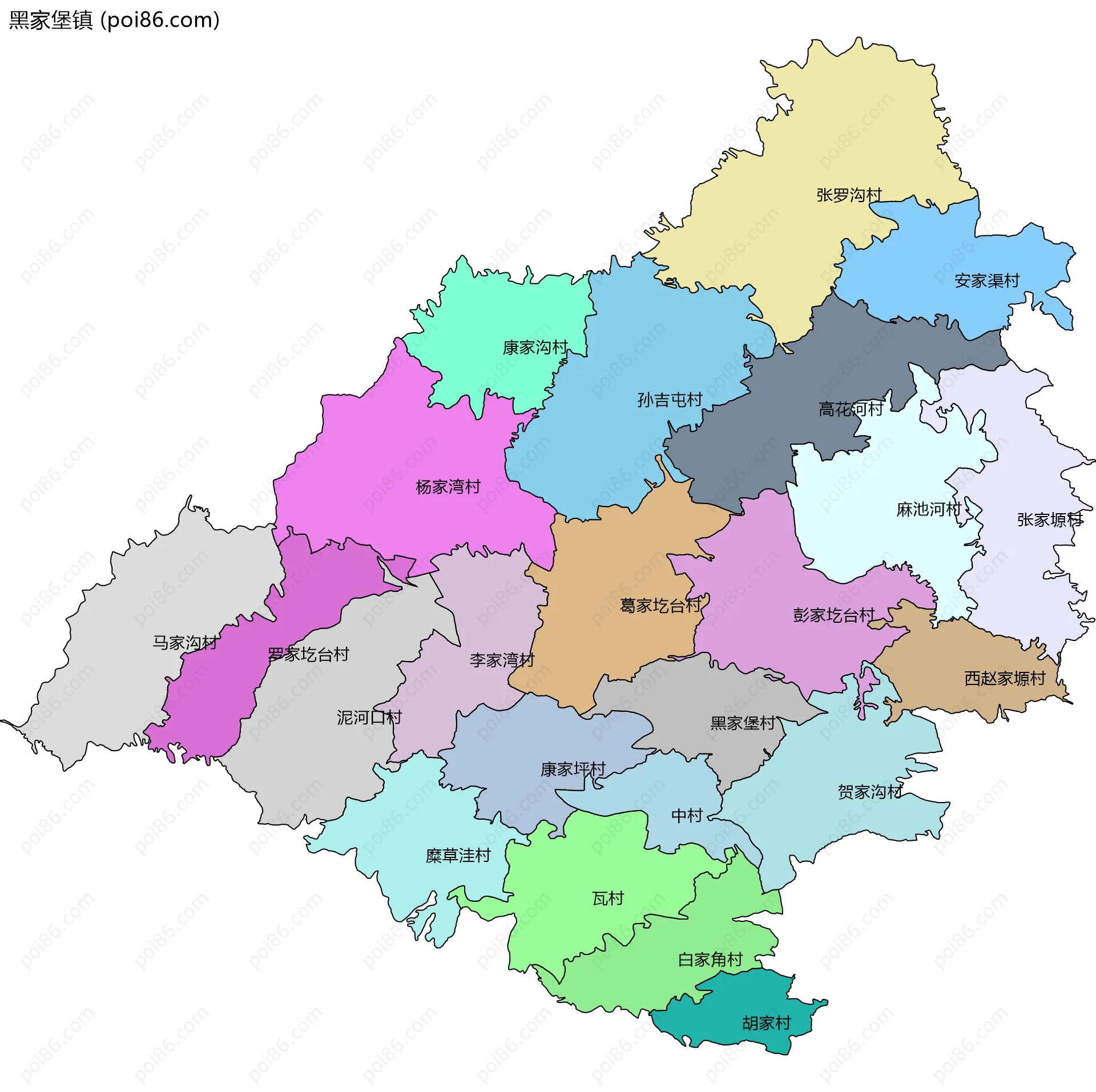 黑家堡镇边界地图(五级行政区划)