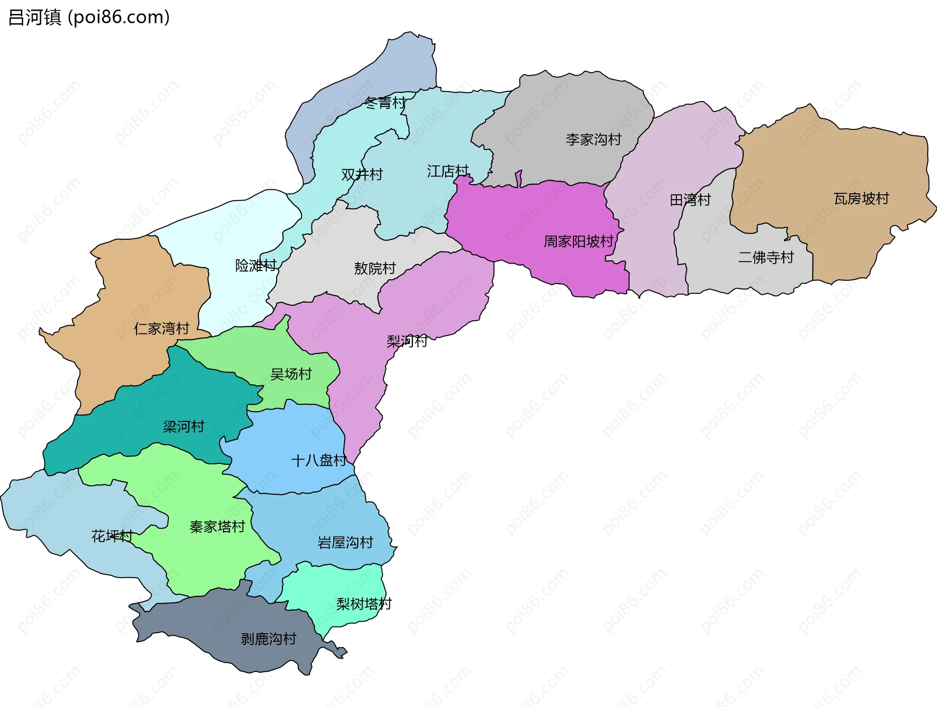 吕河镇边界地图(五级行政区划)