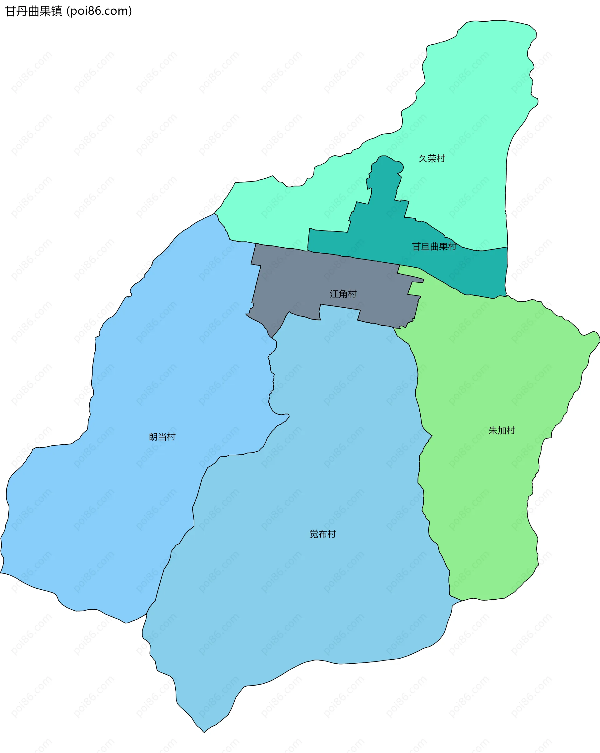 甘丹曲果镇边界地图(五级行政区划)