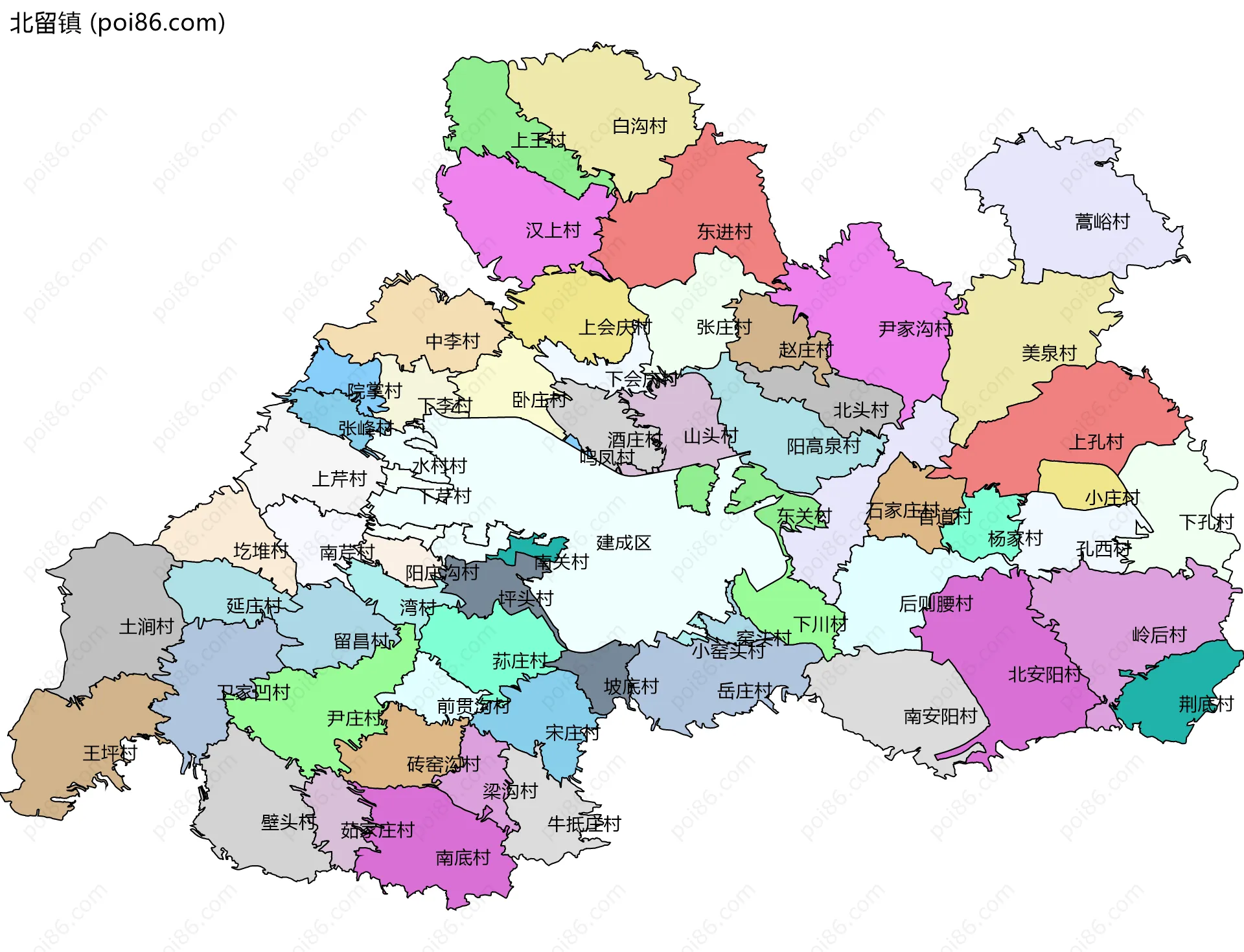 北留镇边界地图(五级行政区划)