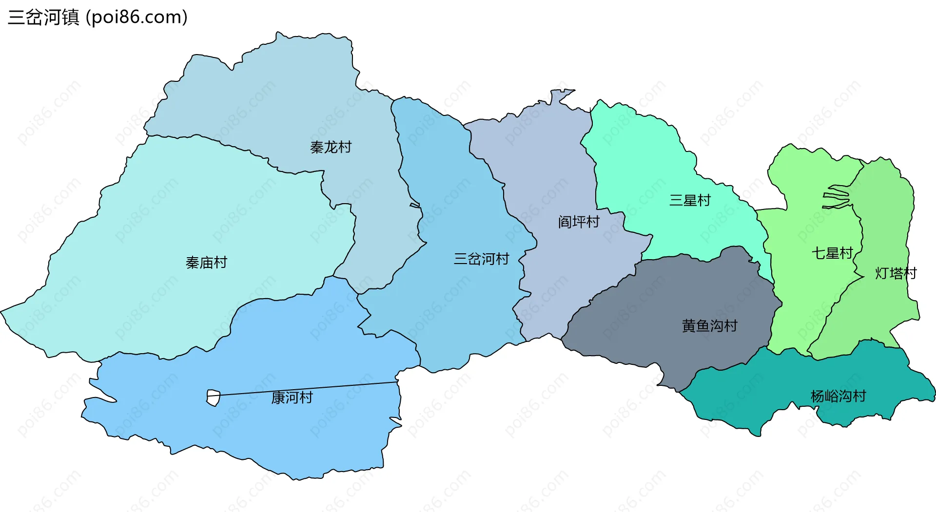 三岔河镇边界地图(五级行政区划)
