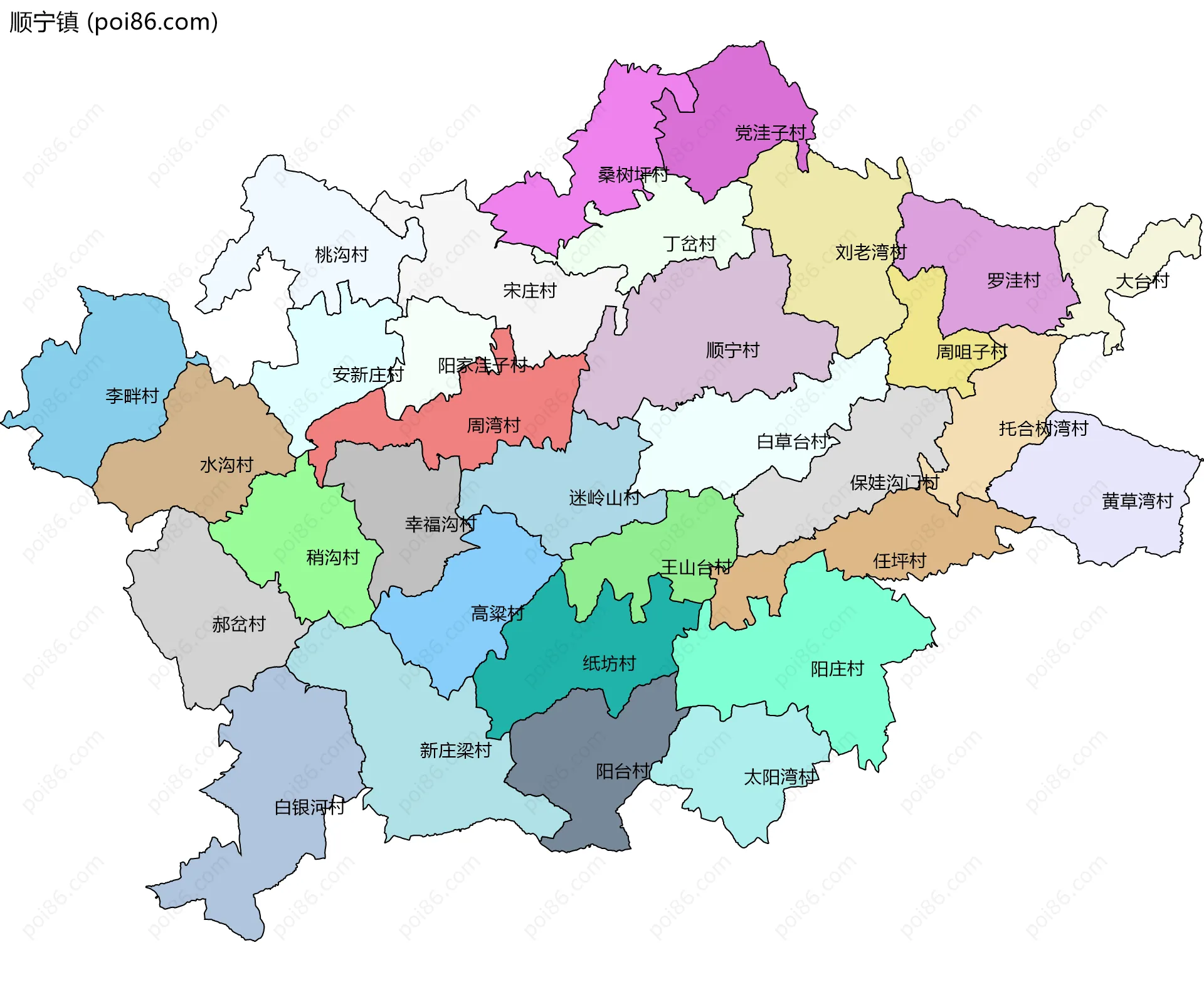 顺宁镇边界地图(五级行政区划)