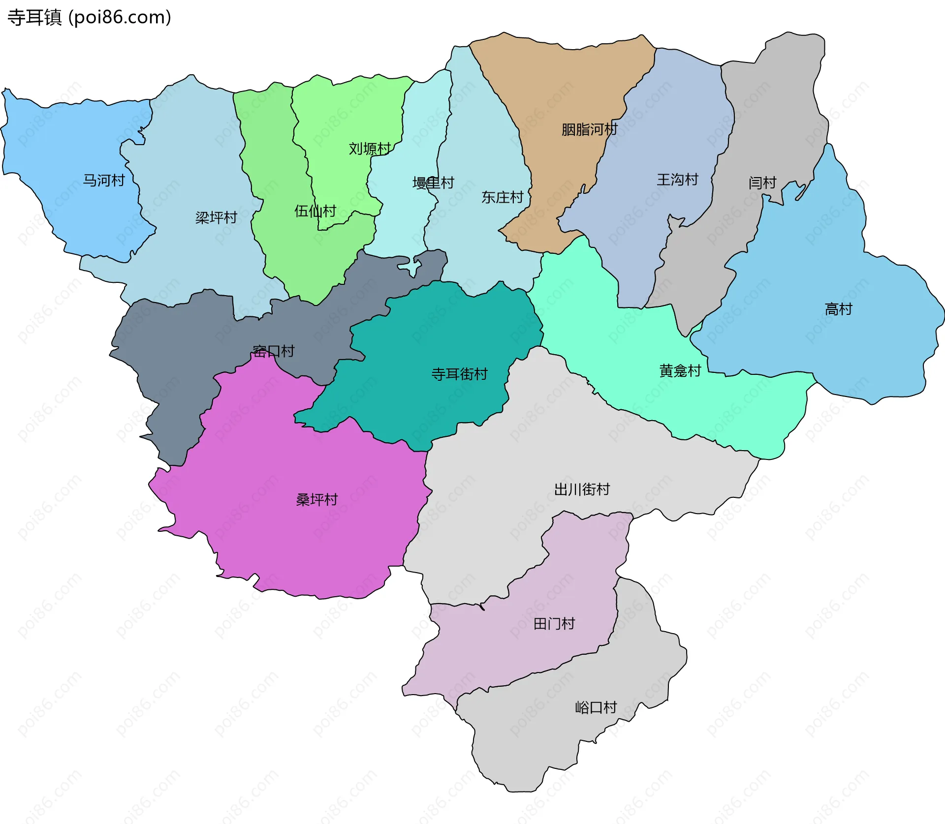 寺耳镇边界地图(五级行政区划)