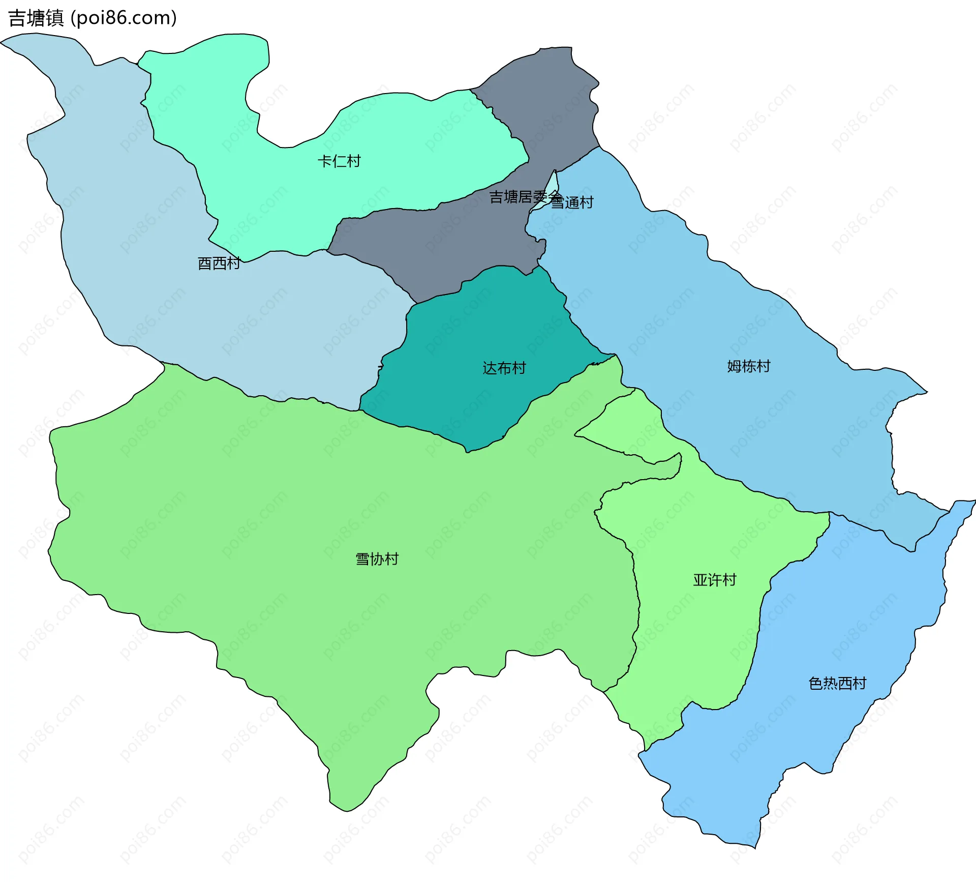 吉塘镇边界地图(五级行政区划)