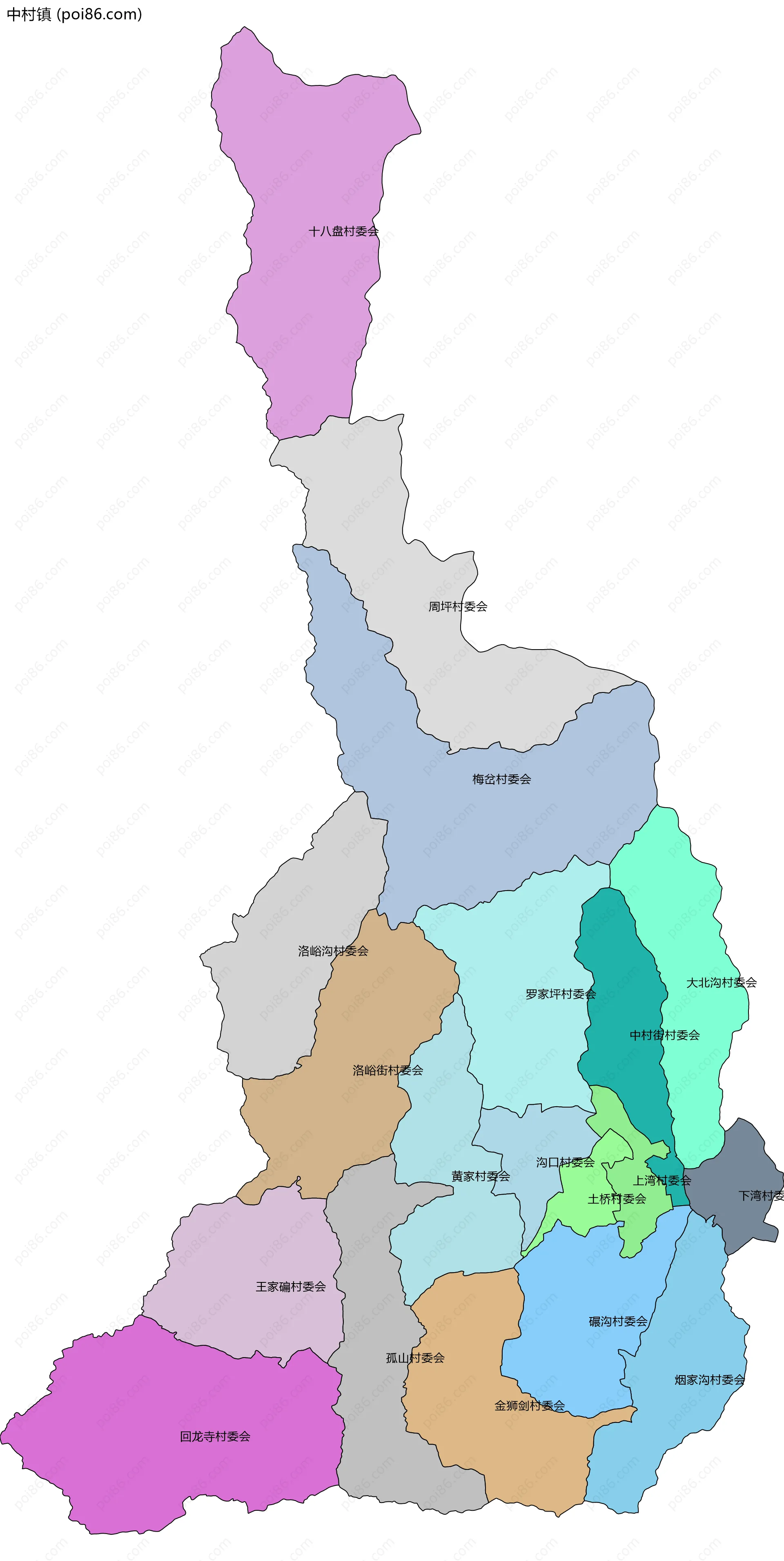 中村镇边界地图(五级行政区划)