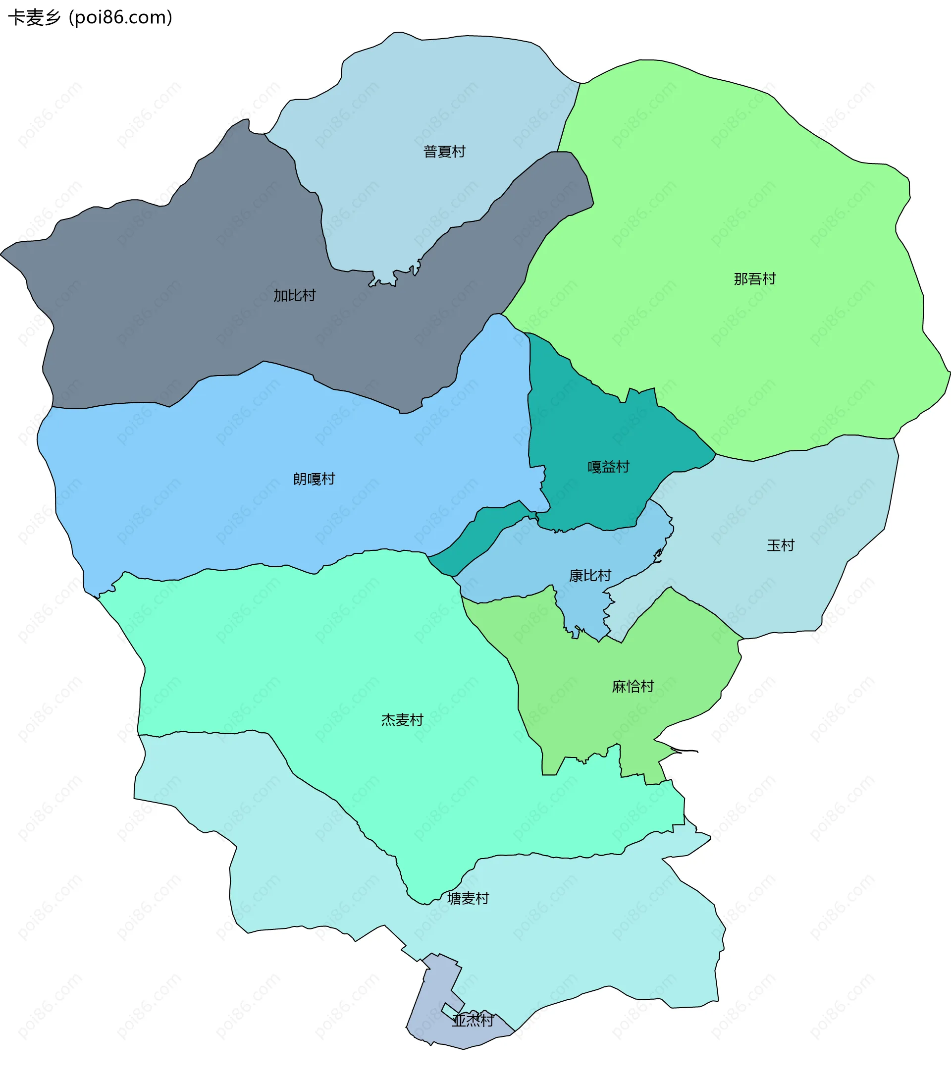 卡麦乡边界地图(五级行政区划)