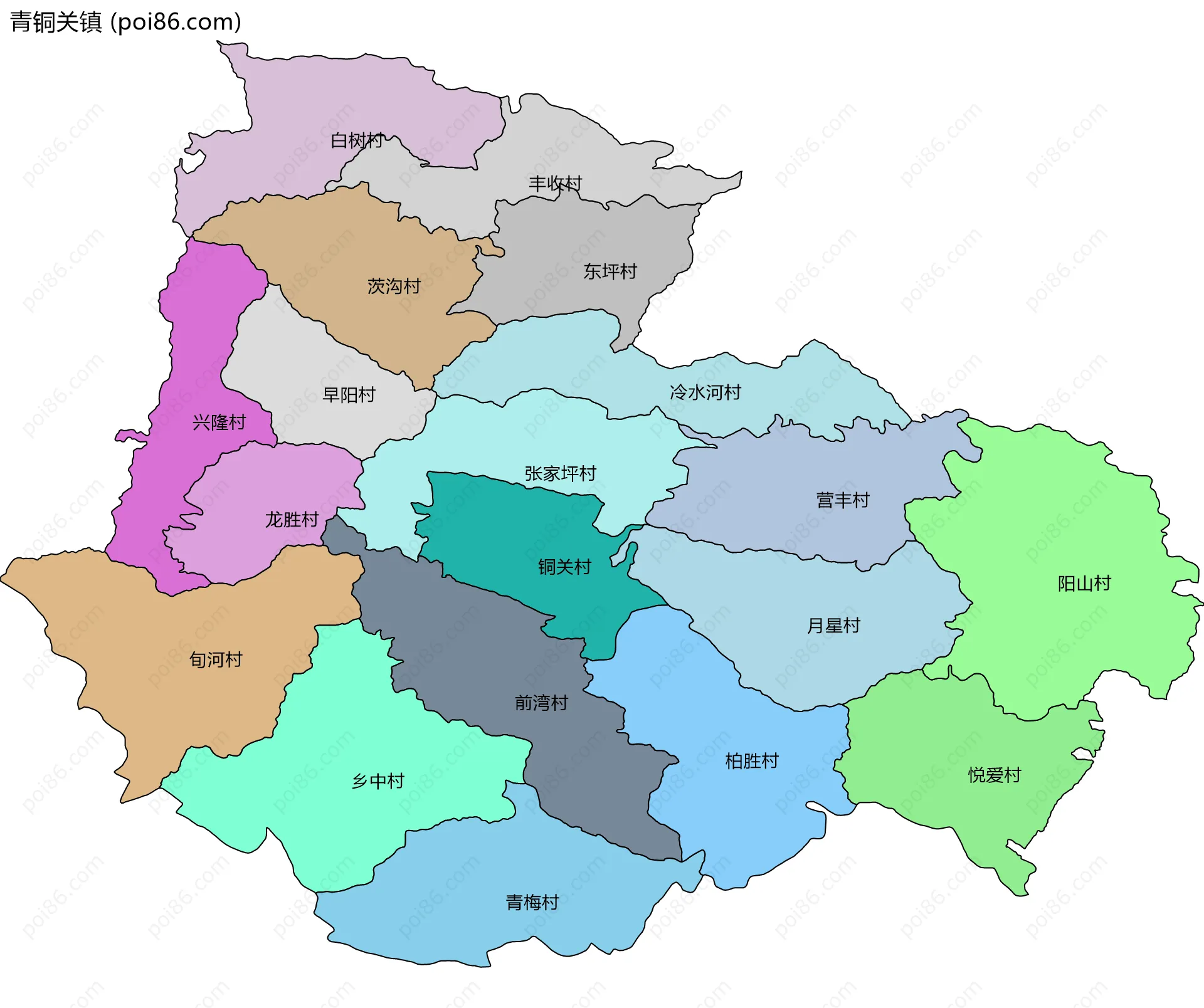 青铜关镇边界地图(五级行政区划)