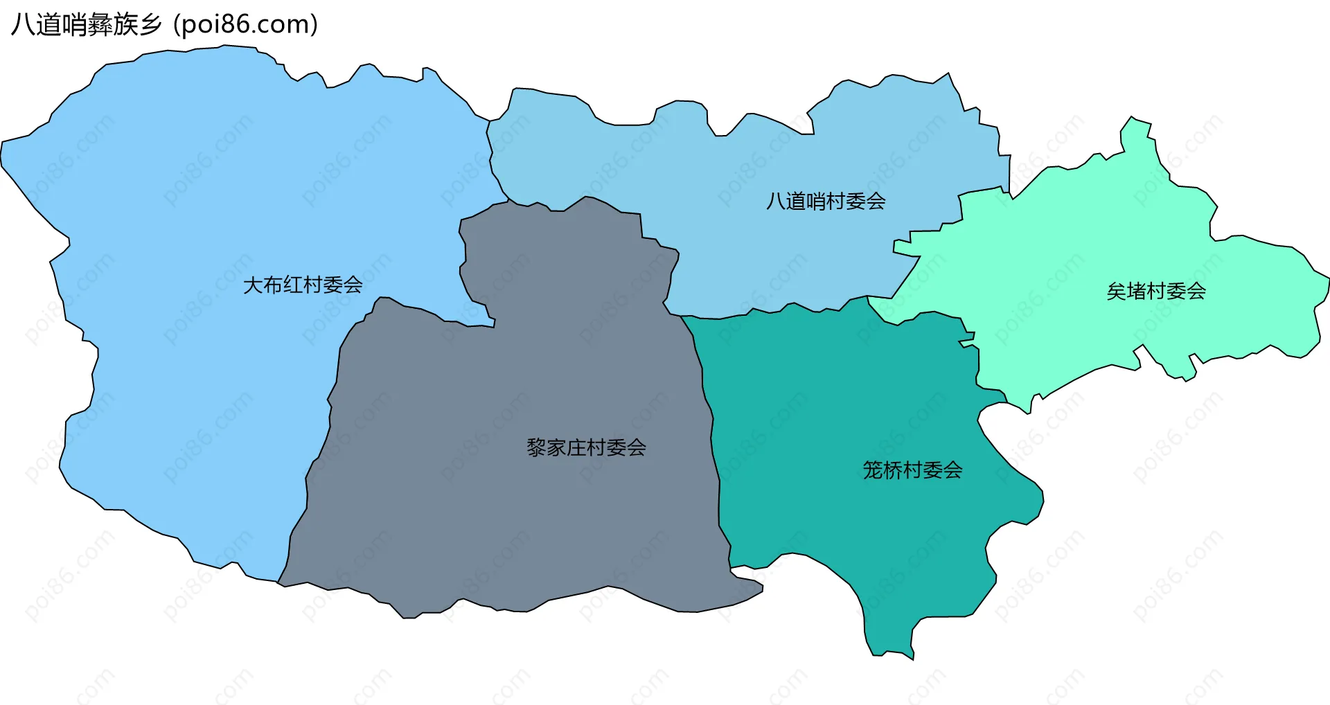 八道哨彝族乡边界地图(五级行政区划)