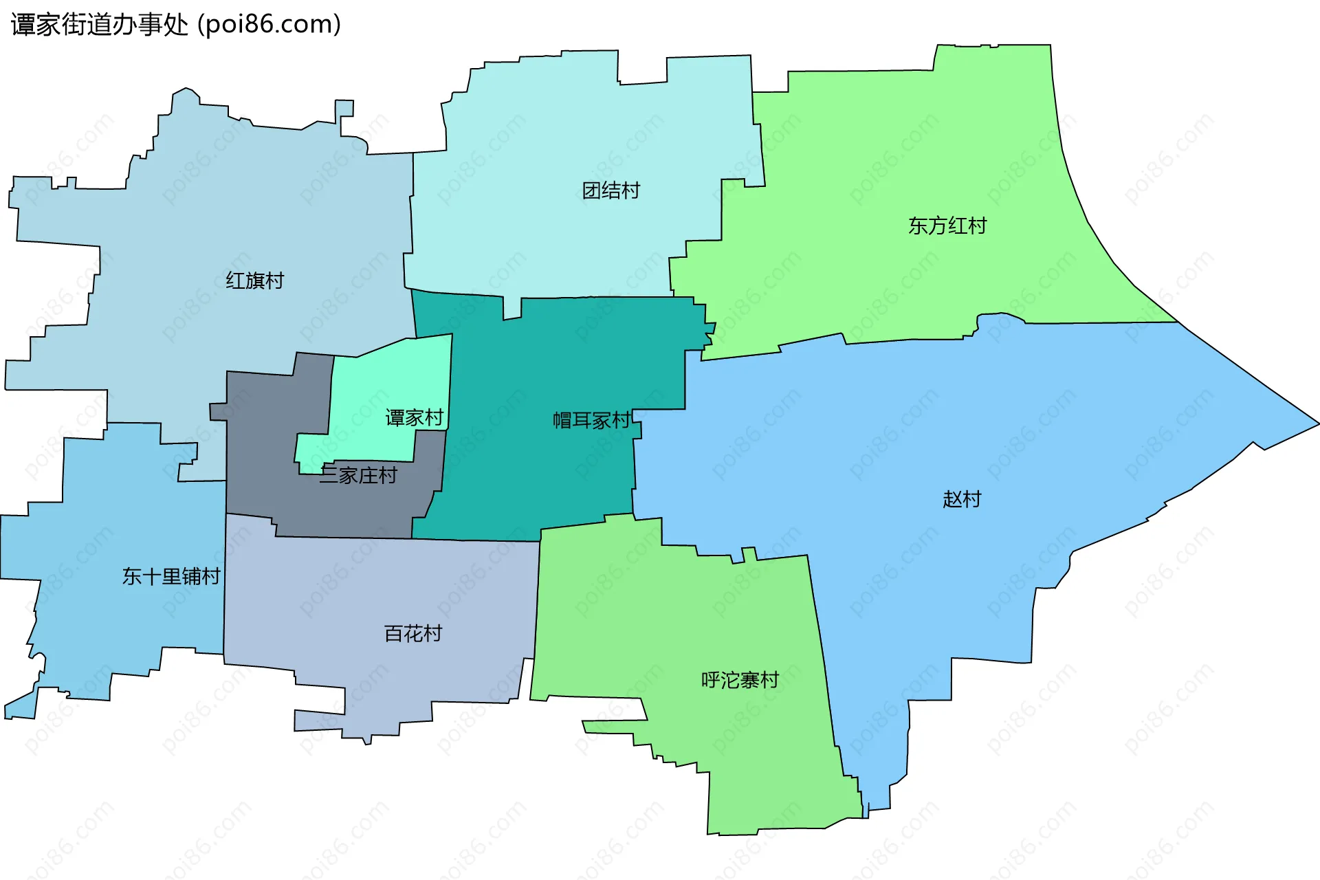 谭家街道办事处边界地图(五级行政区划)