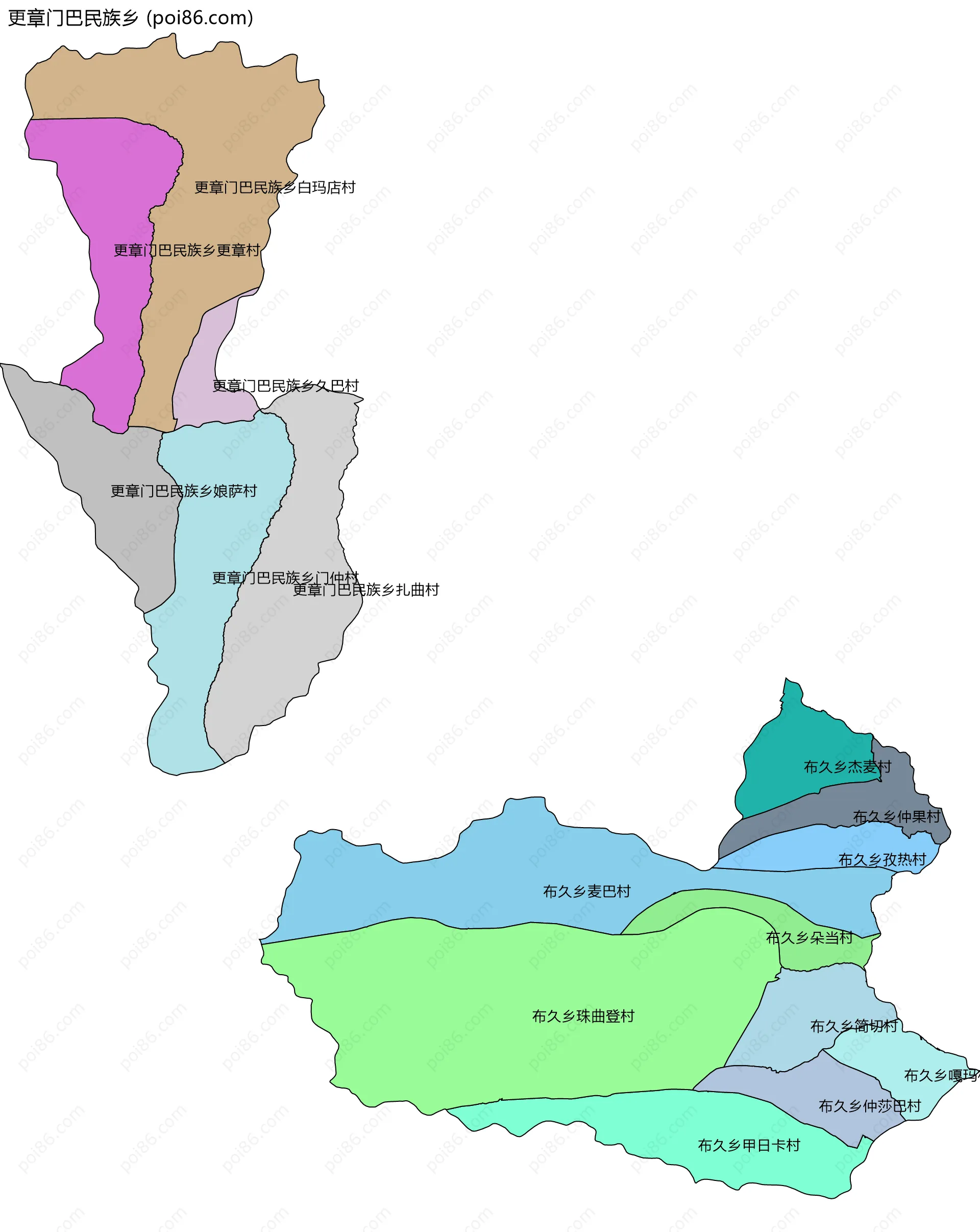 更章门巴民族乡边界地图(五级行政区划)