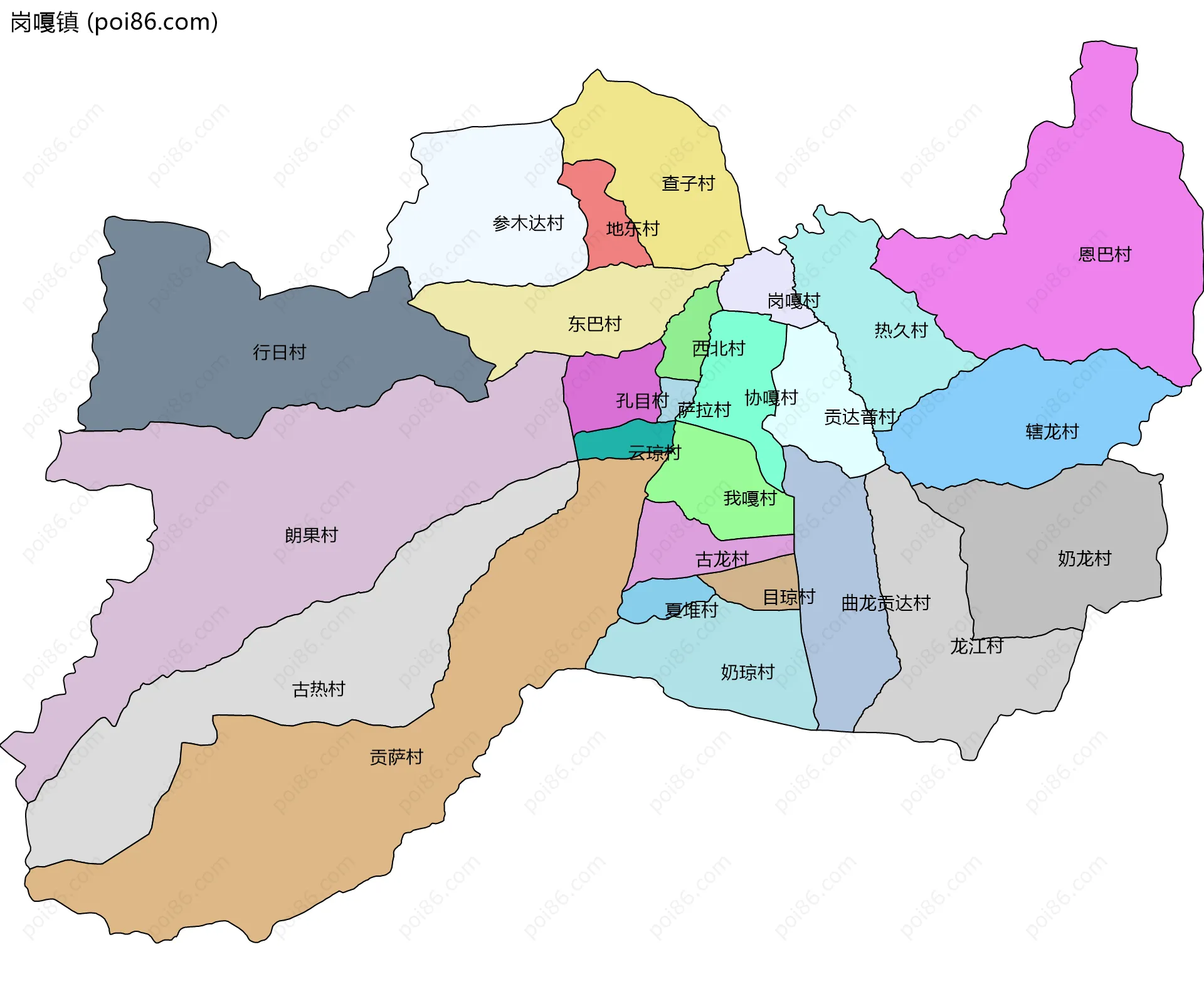 岗嘎镇边界地图(五级行政区划)