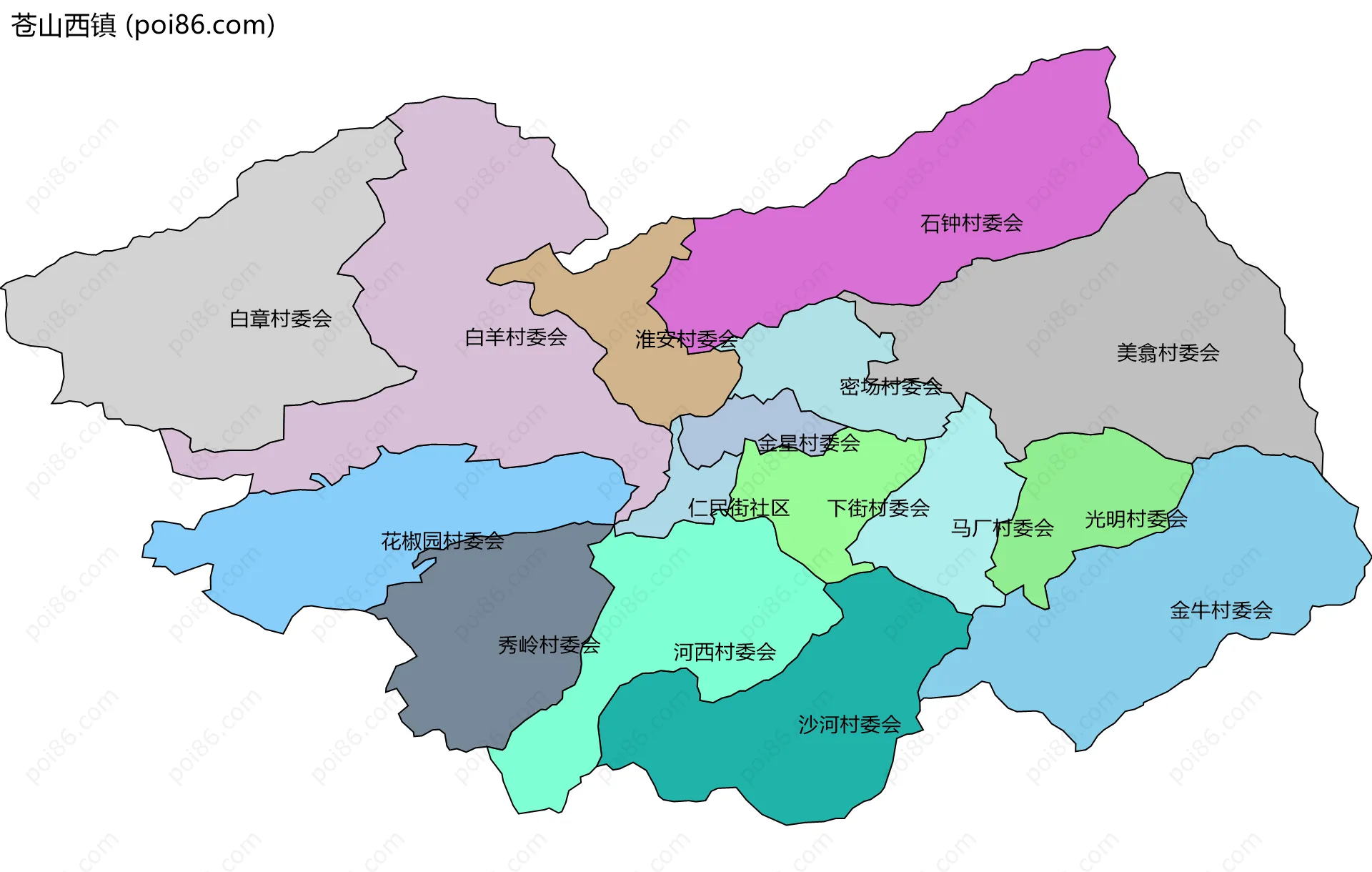苍山西镇边界地图(五级行政区划)