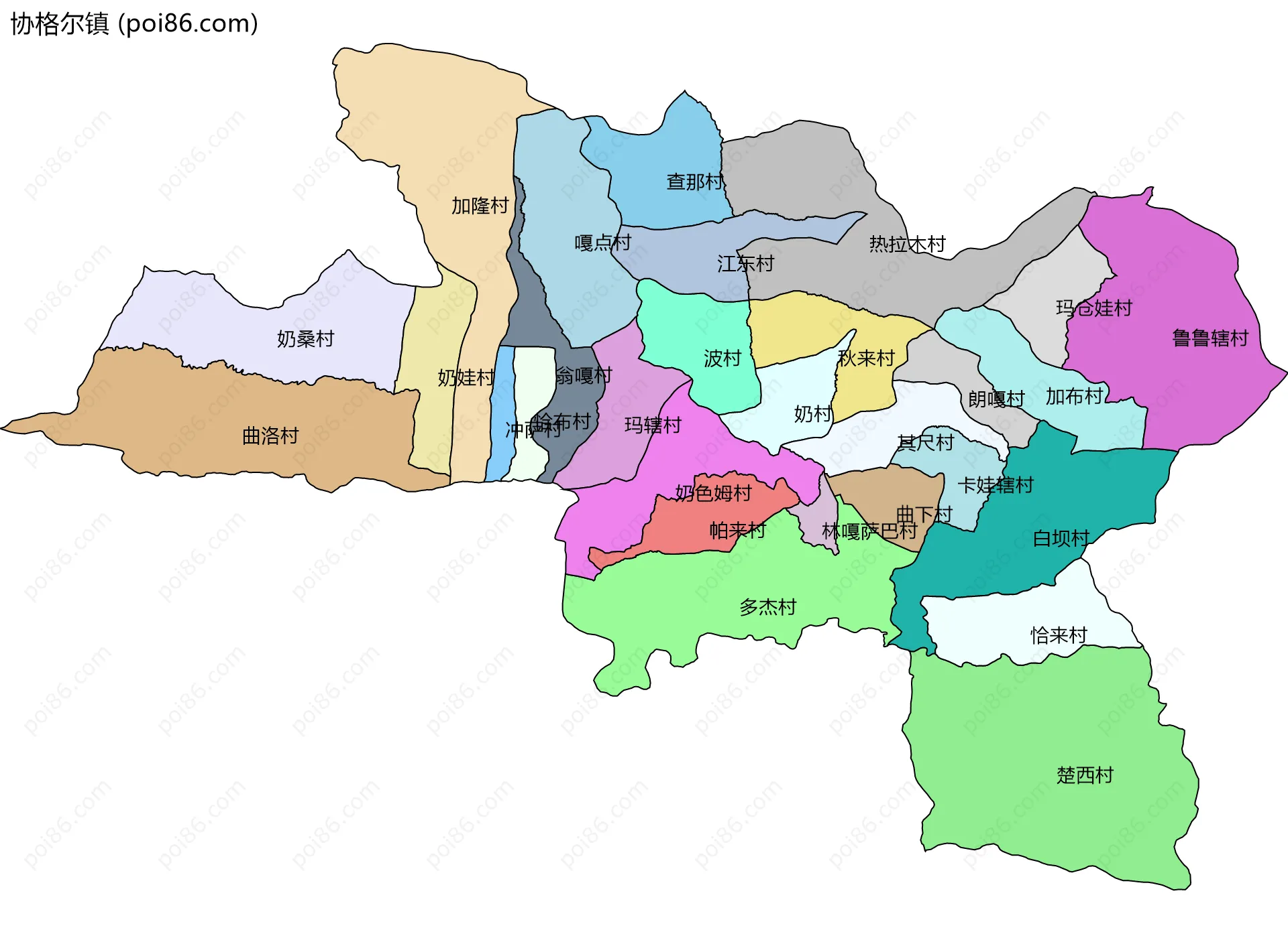 协格尔镇边界地图(五级行政区划)