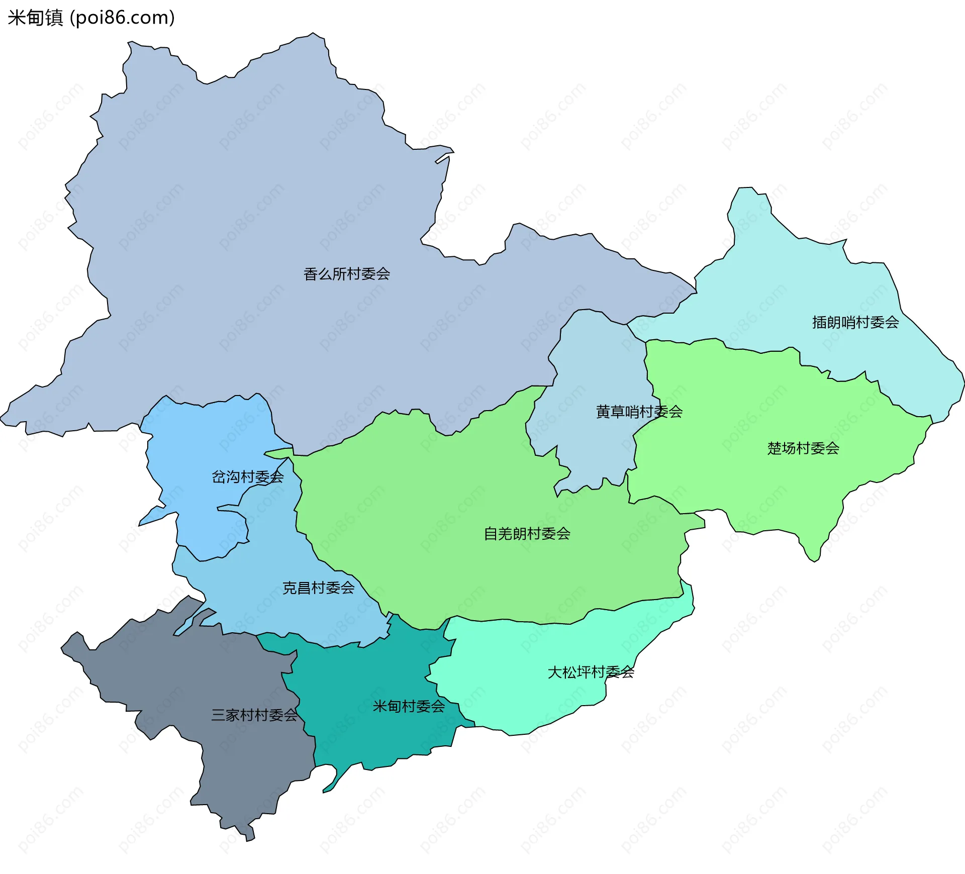 米甸镇边界地图(五级行政区划)