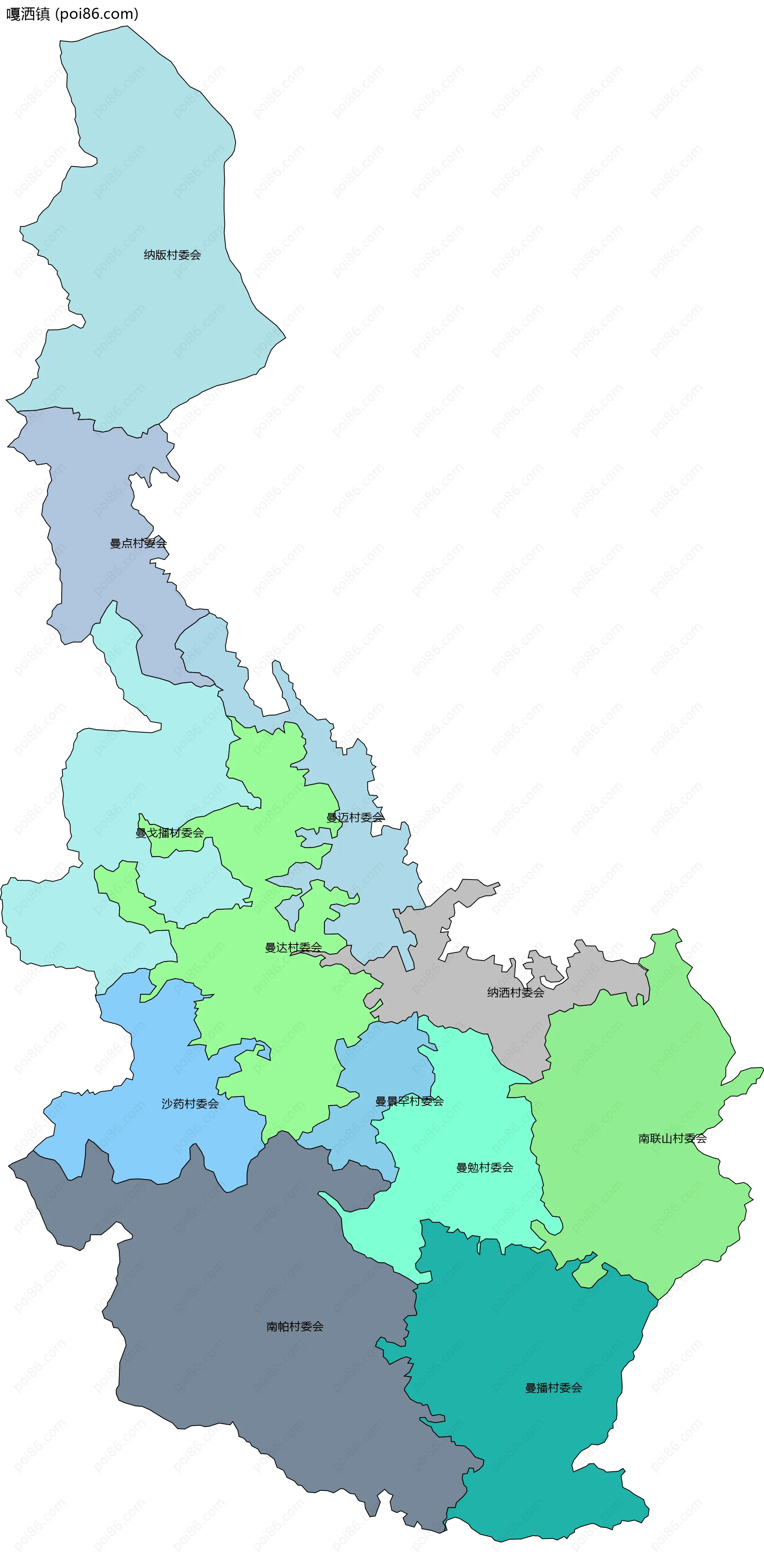 嘎洒镇边界地图(五级行政区划)