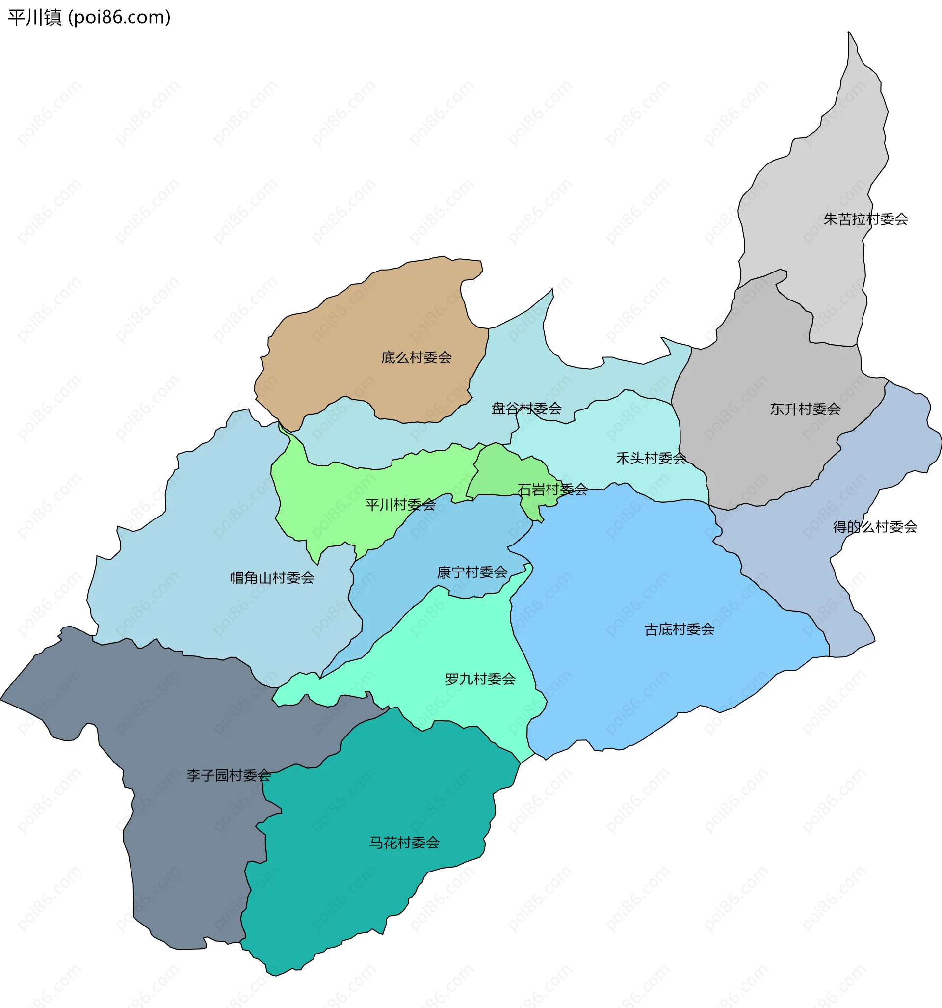 平川镇边界地图(五级行政区划)
