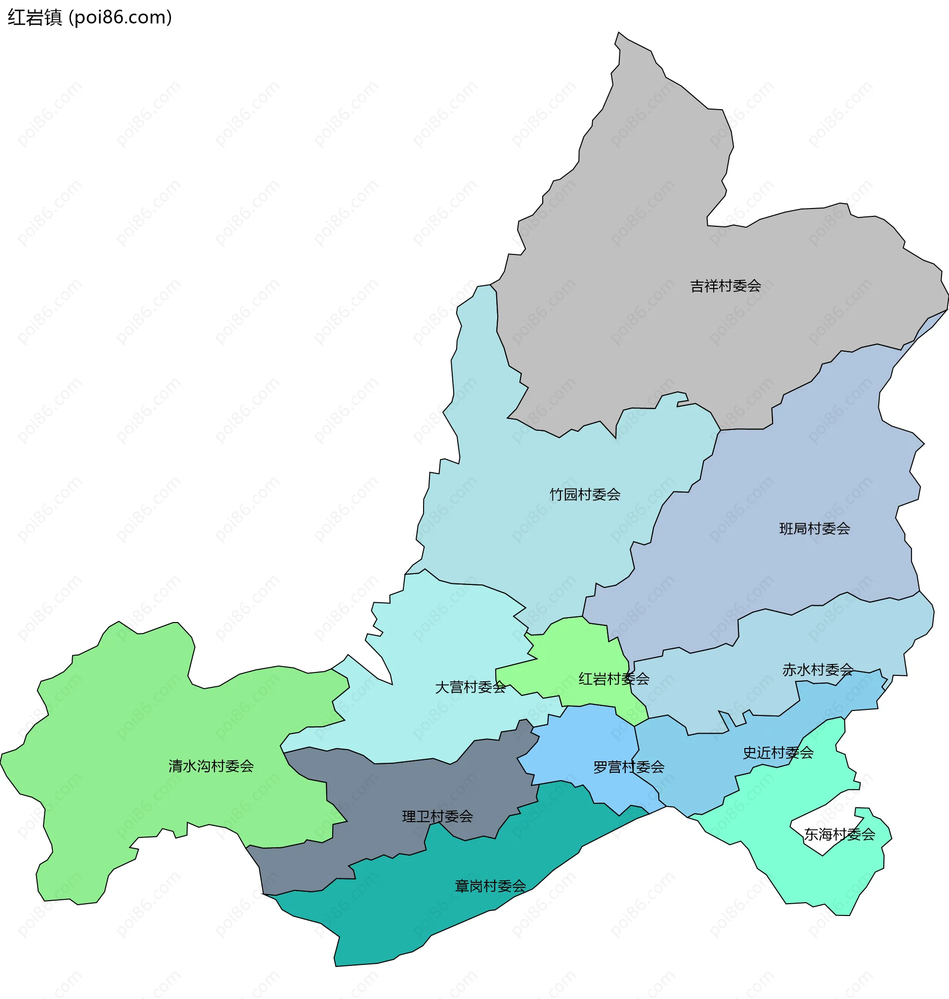 红岩镇边界地图(五级行政区划)