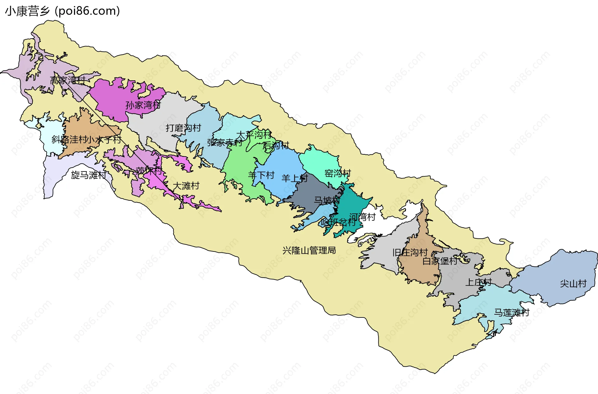 小康营乡边界地图(五级行政区划)