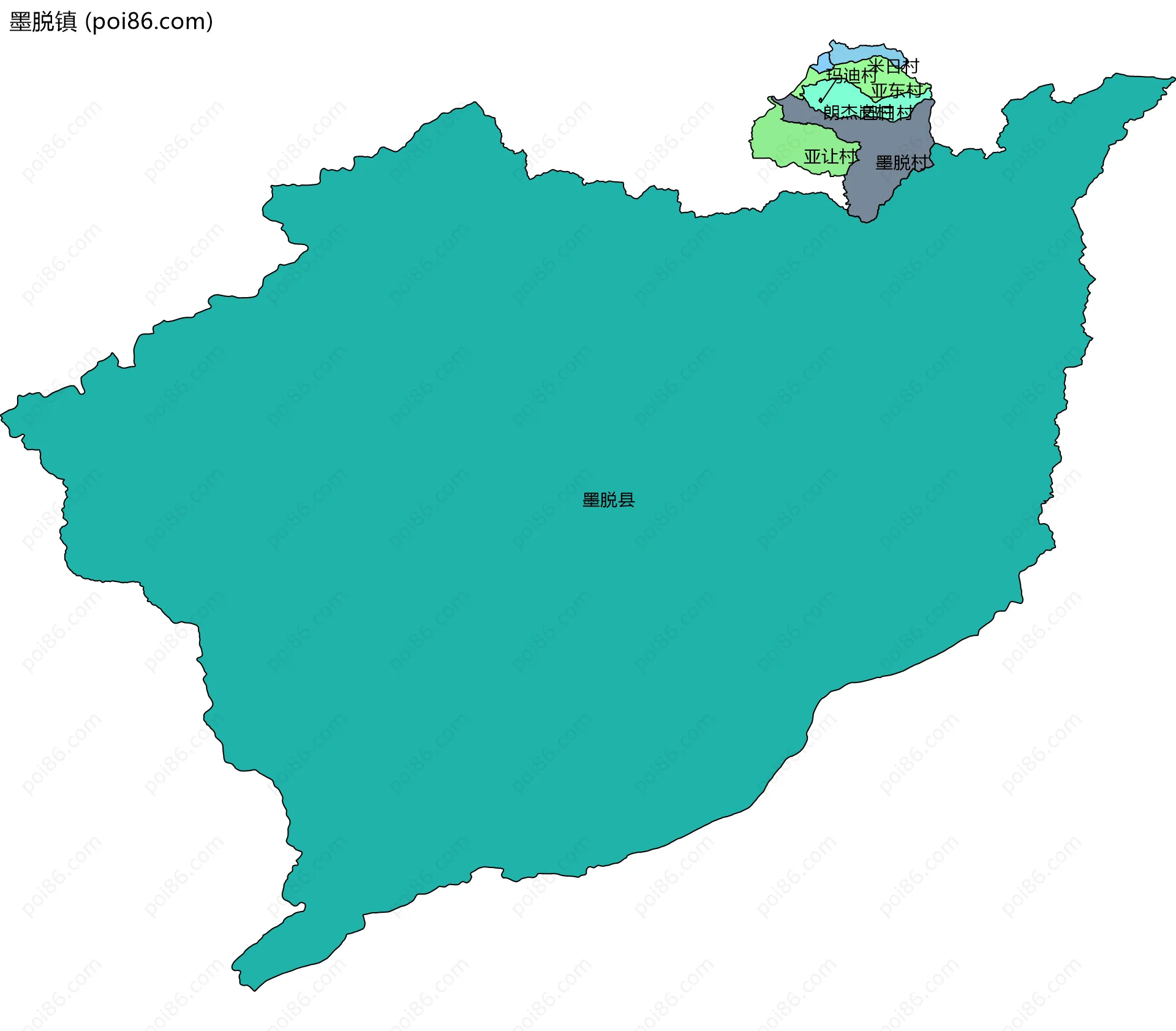 墨脱镇边界地图(五级行政区划)