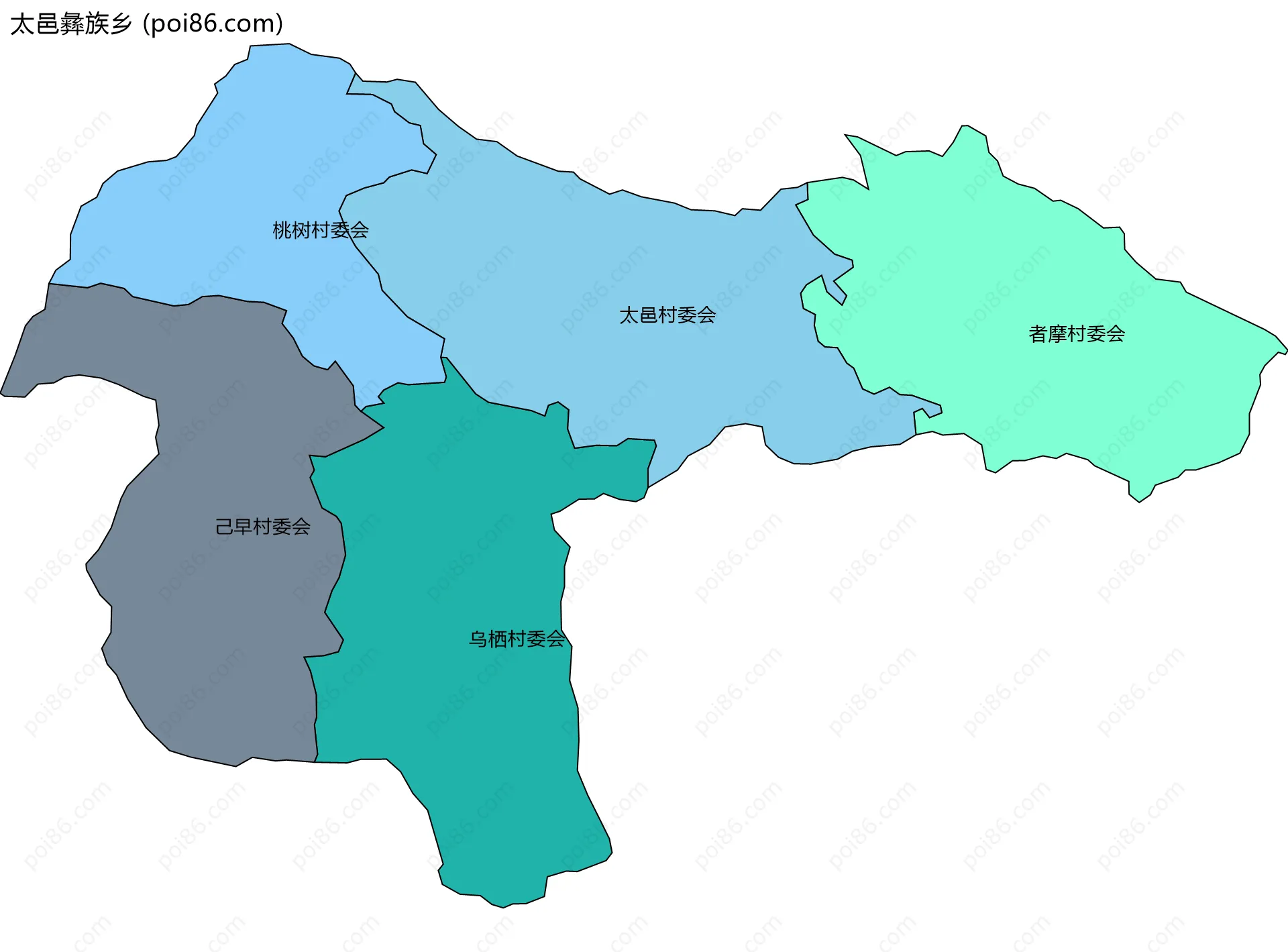 太邑彝族乡边界地图(五级行政区划)