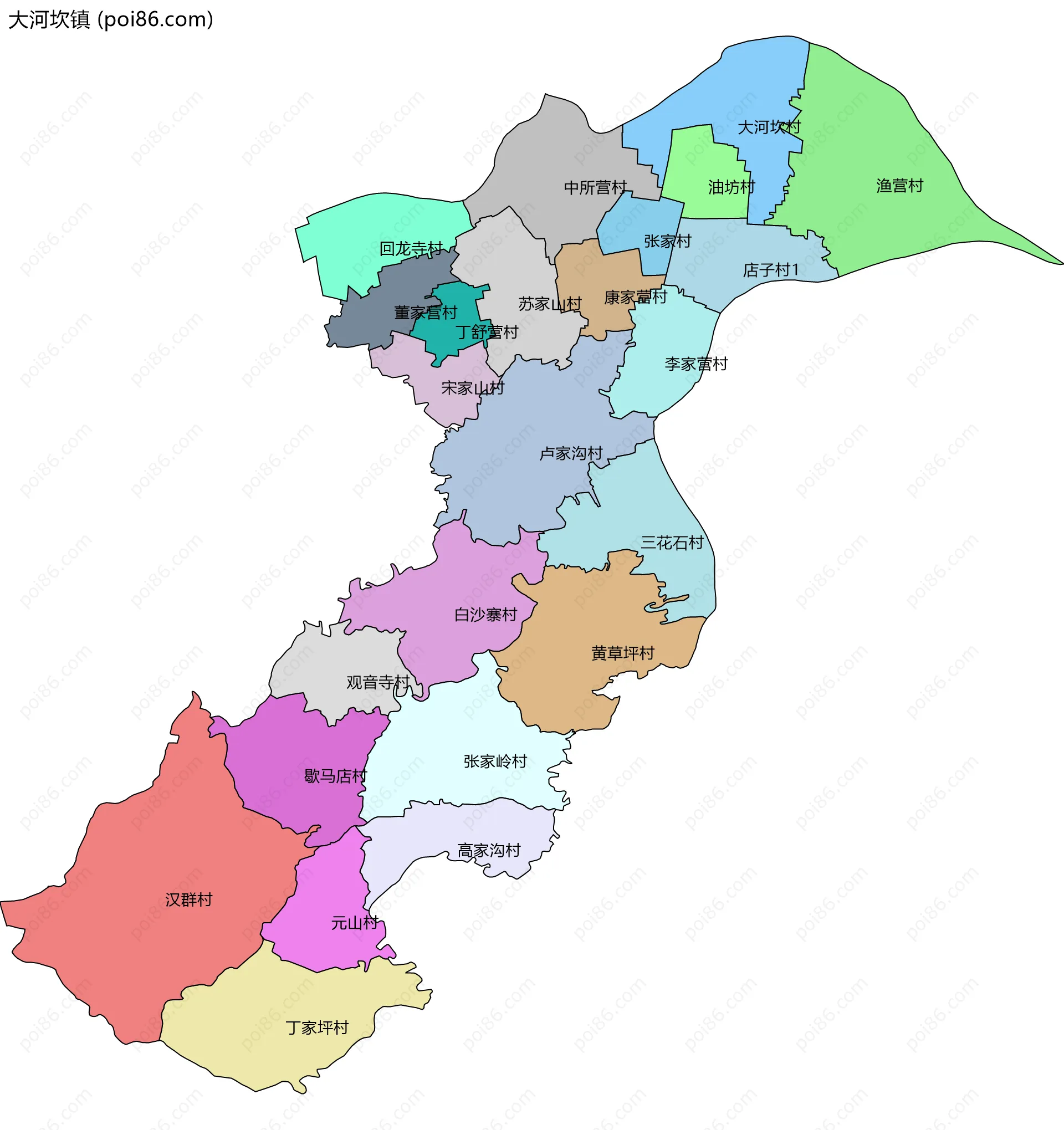 大河坎镇边界地图(五级行政区划)