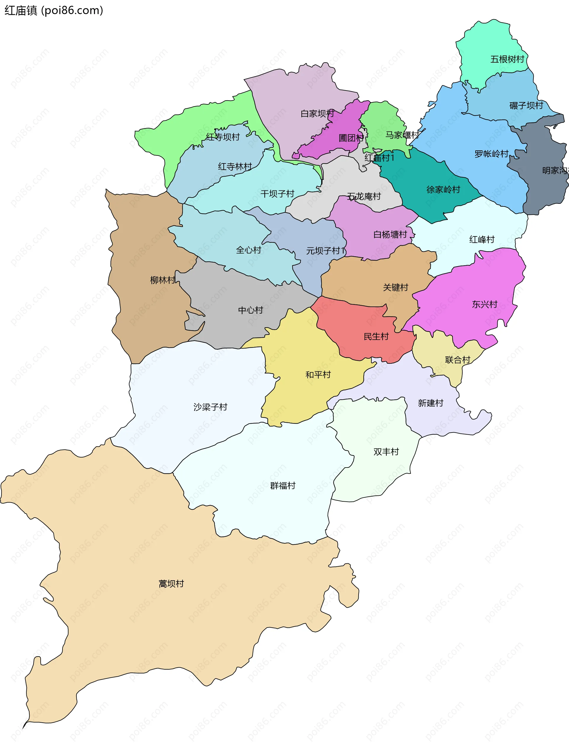 红庙镇边界地图(五级行政区划)