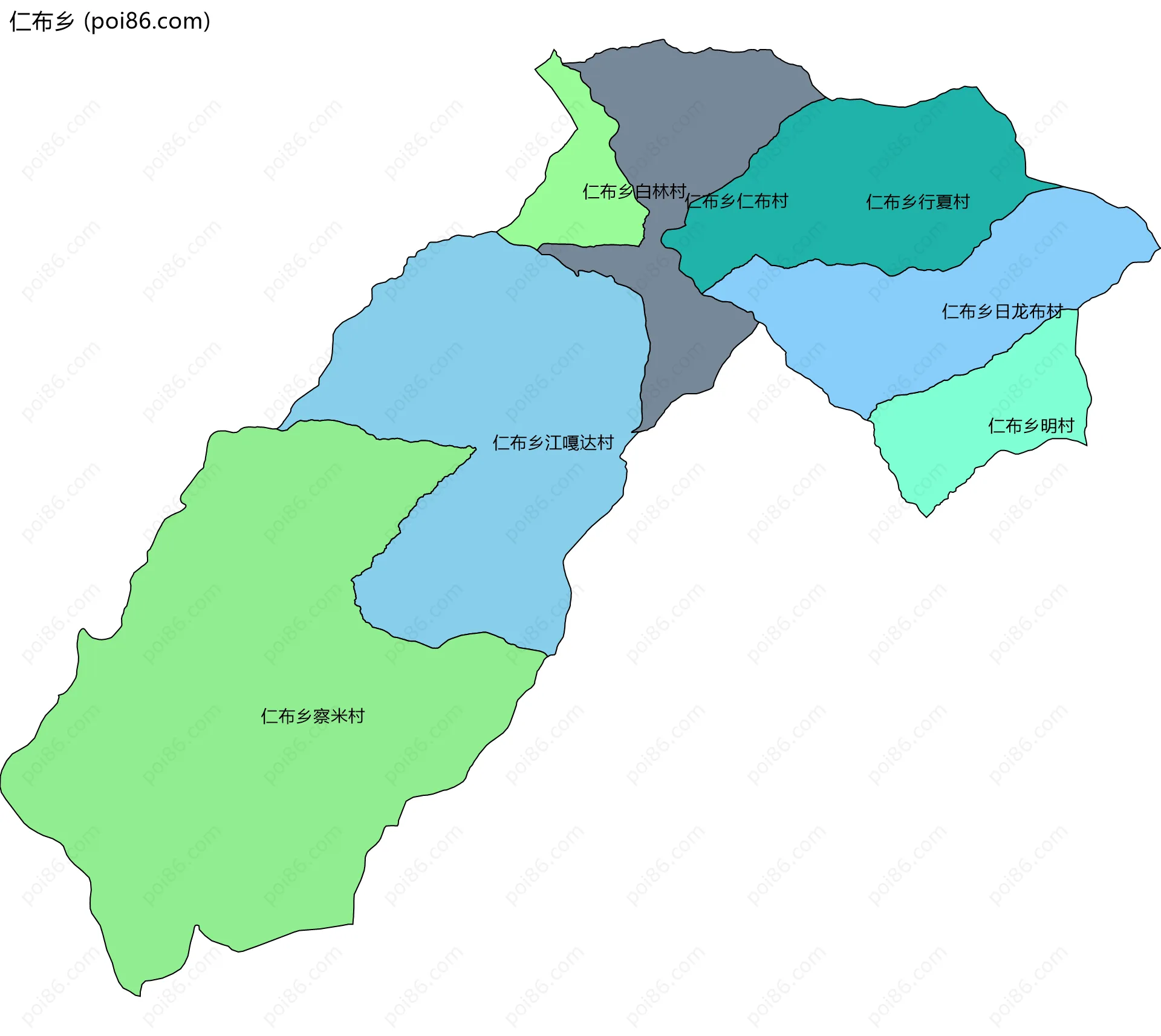 仁布乡边界地图(五级行政区划)