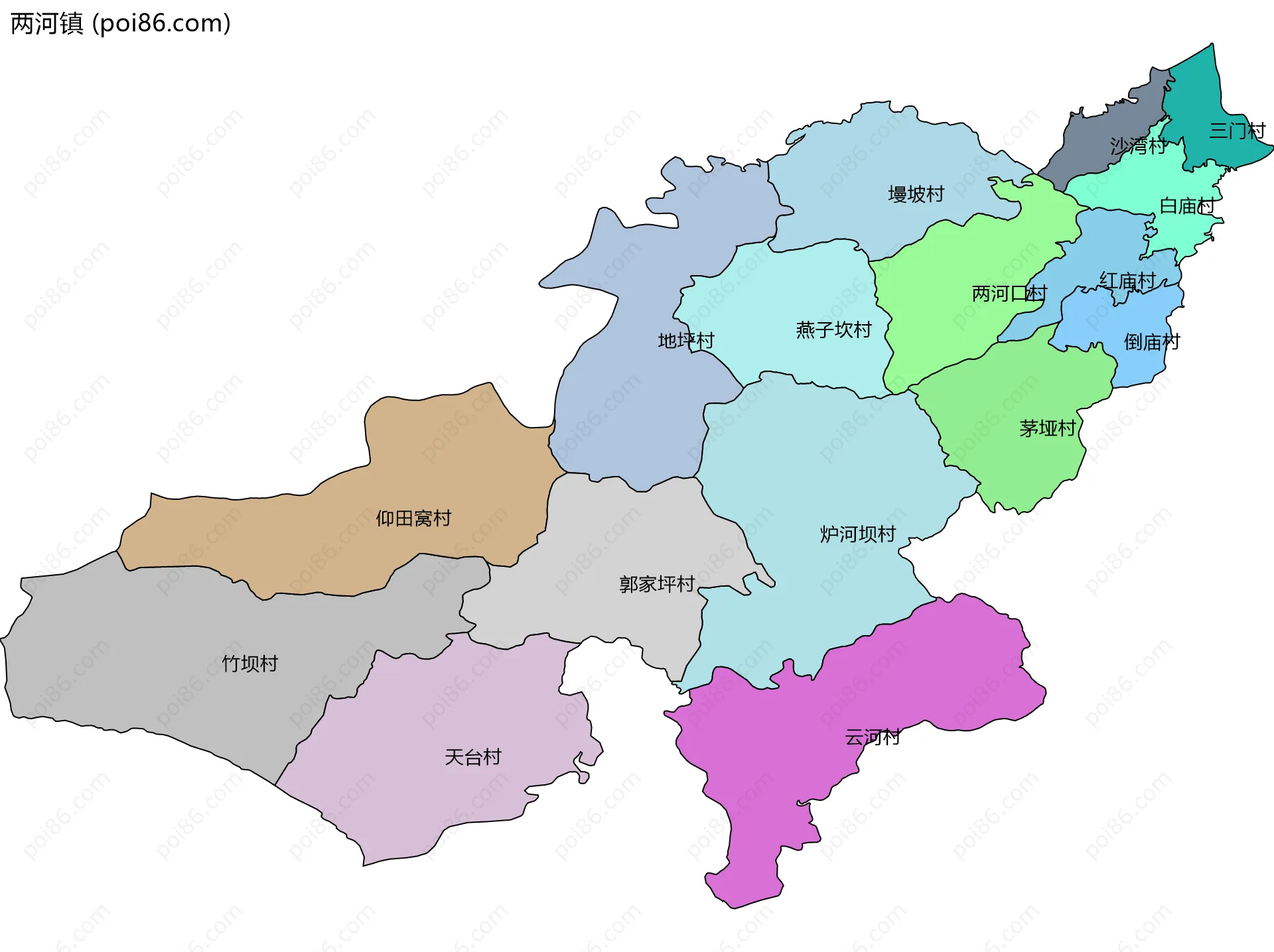 两河镇边界地图(五级行政区划)